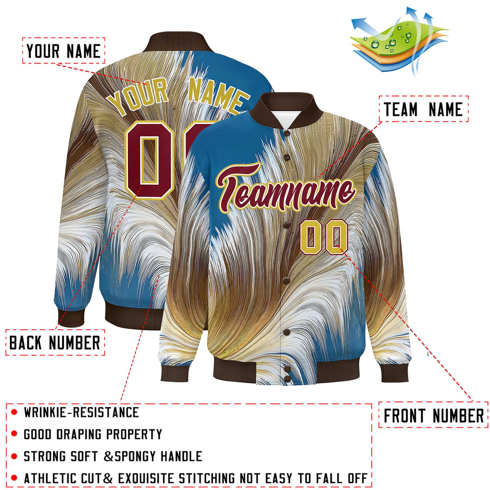 Custom Brown Varsity Full-Snap Feather Fluid Pattern Letterman Baseball Jacket