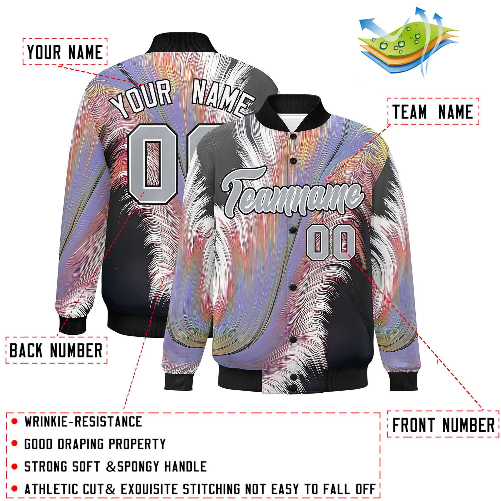 Custom Black Varsity Full-Snap Feather Fluid Pattern Letterman Baseball Jacket