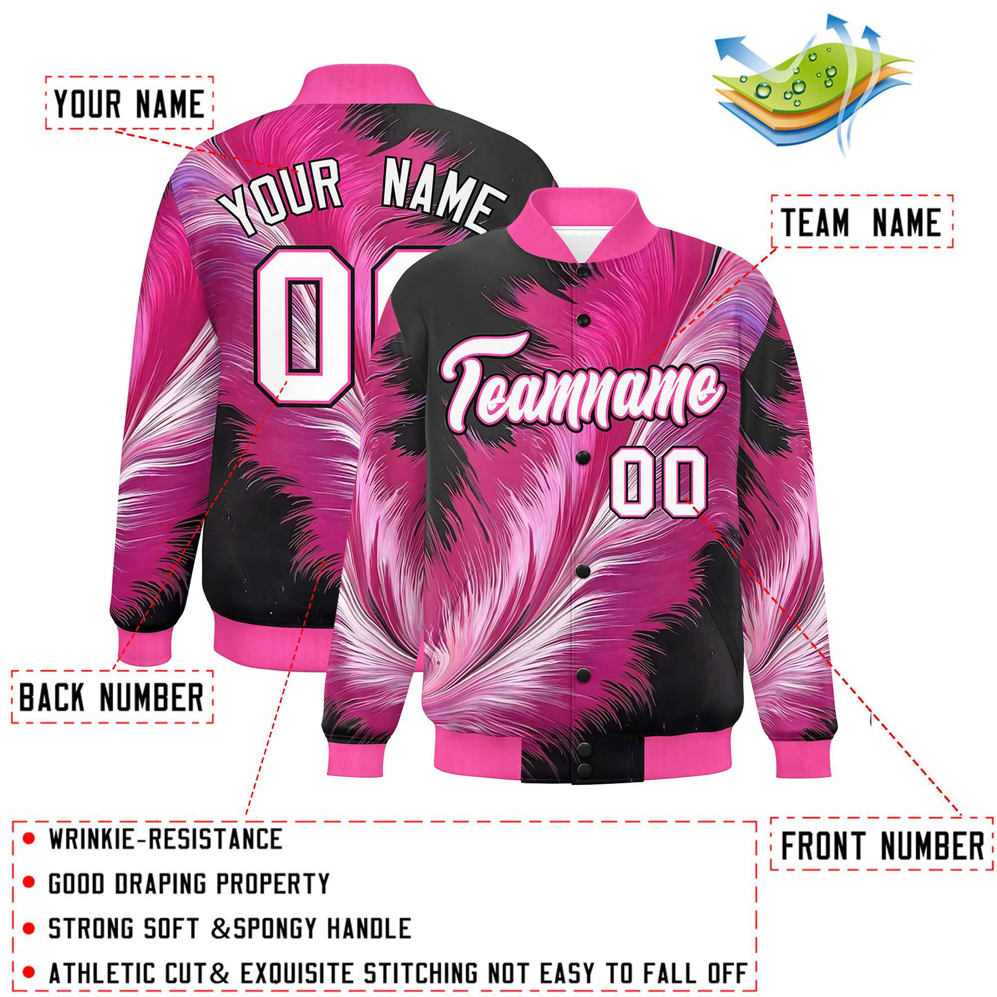 Custom Pink Varsity Full-Snap Feather Fluid Pattern Letterman Baseball Jacket