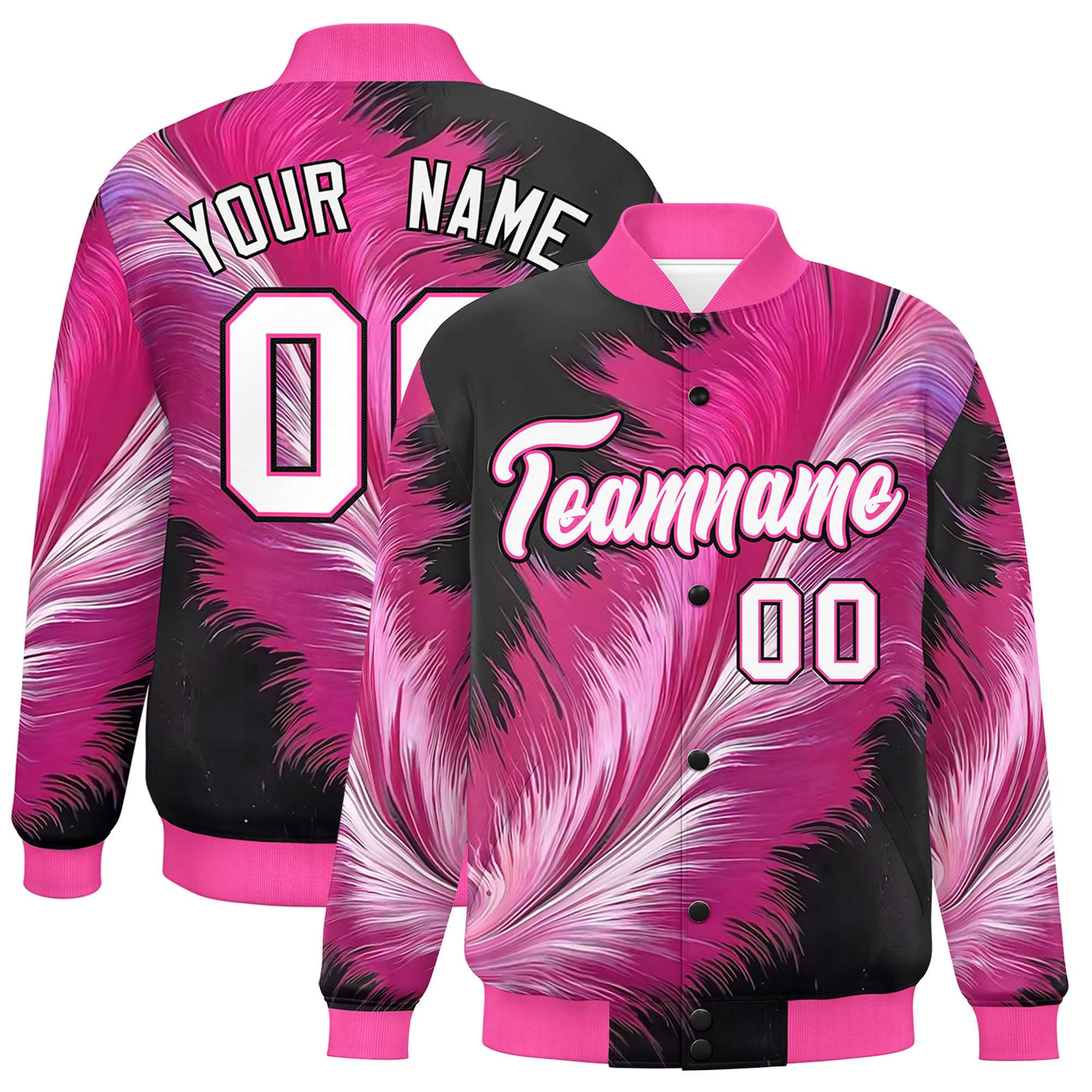 Custom Pink Varsity Full-Snap Feather Fluid Pattern Letterman Baseball Jacket