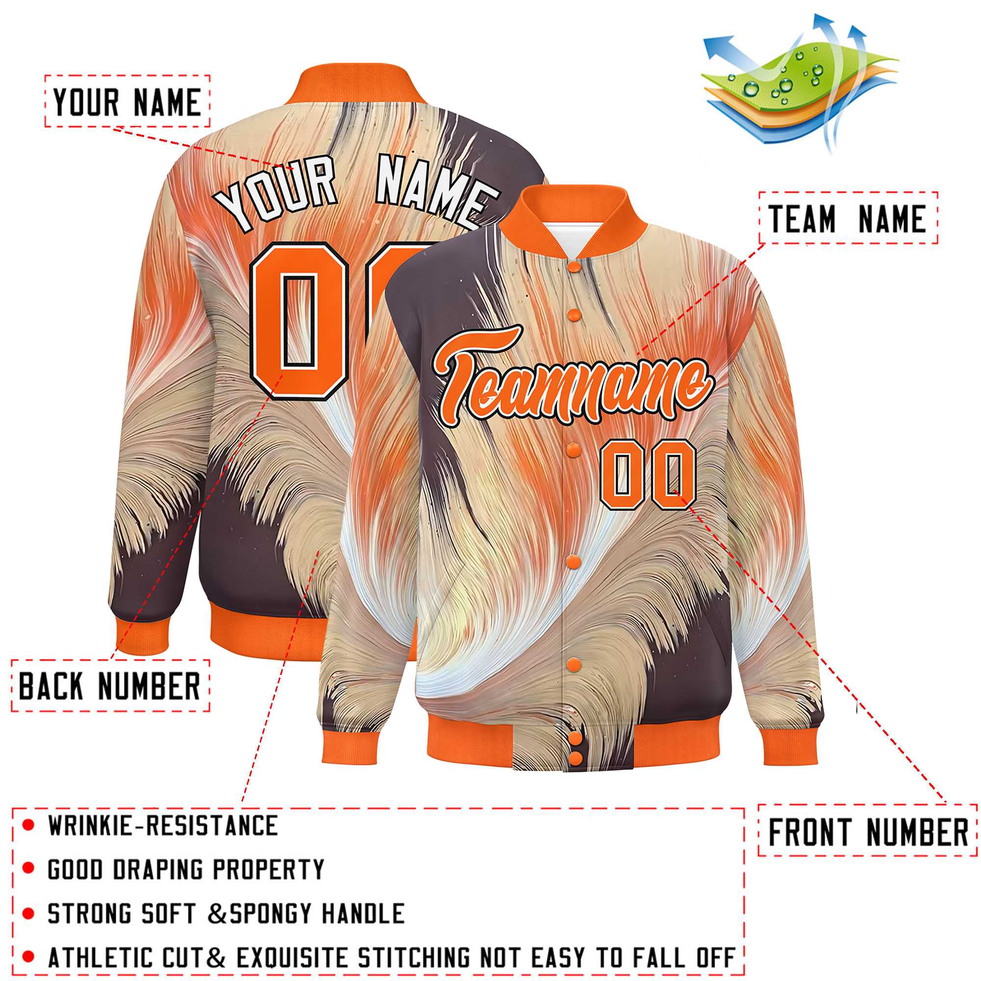 Custom Orange Varsity Full-Snap Feather Fluid Pattern Letterman Baseball Jacket