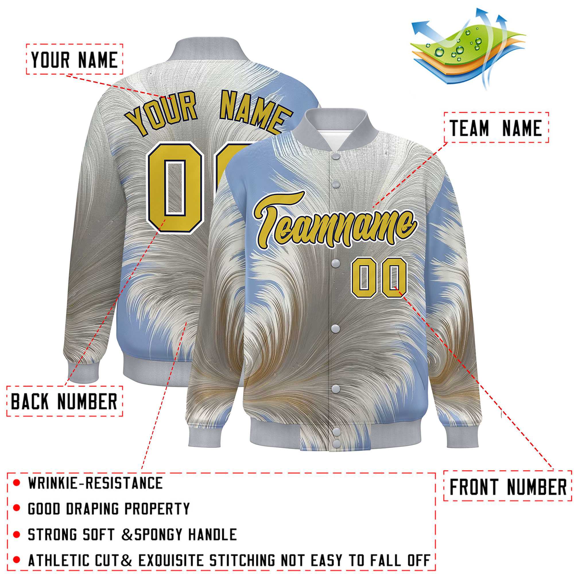 Custom Gray Varsity Full-Snap Feather Fluid Pattern Letterman Baseball Jacket