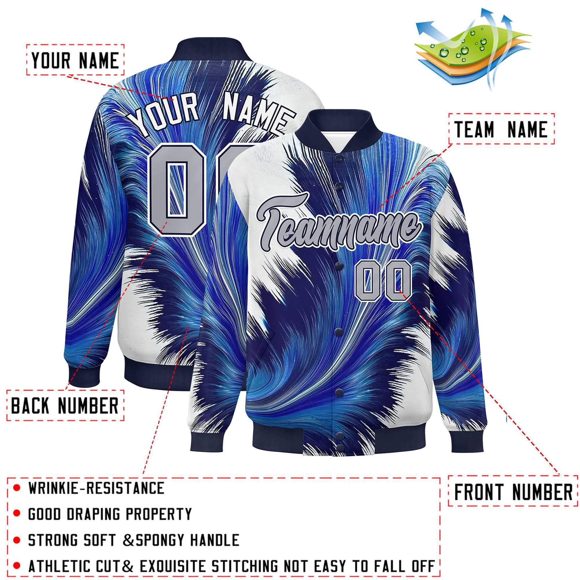 Custom Navy Varsity Full-Snap Feather Fluid Pattern Letterman Baseball Jacket