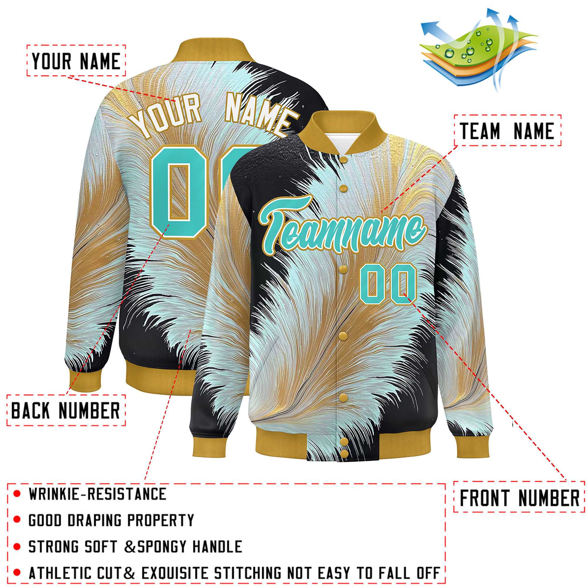 Custom Old Gold Varsity Full-Snap Feather Fluid Pattern Letterman Baseball Jacket