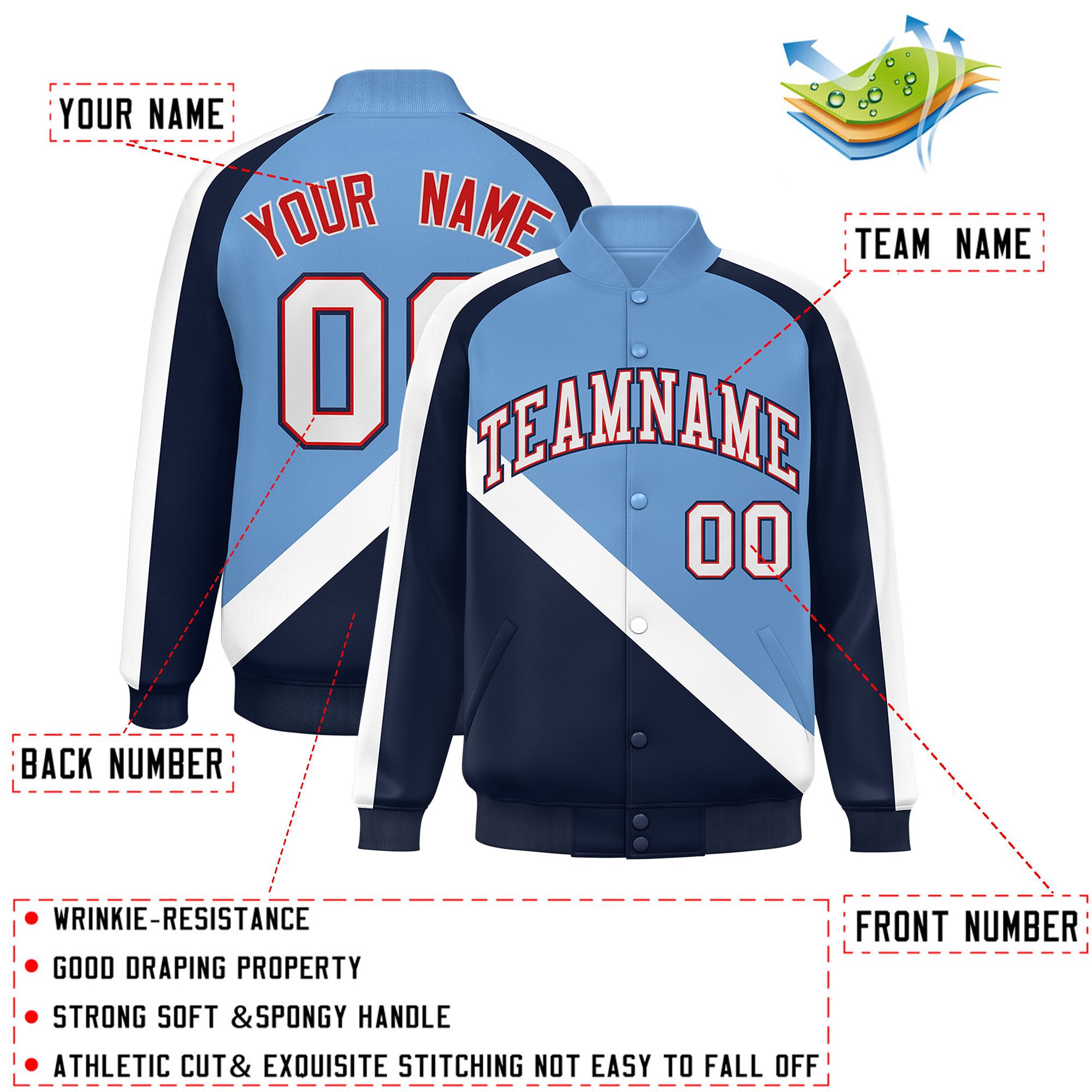 Custom Light Blue Navy Raglan Sleeves Varsity Full-Snap Letterman Baseball Jacket