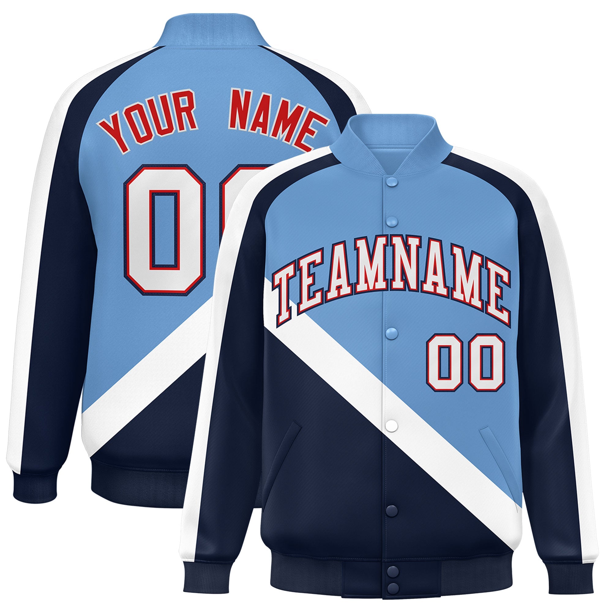 Custom Light Blue Navy Raglan Sleeves Varsity Full-Snap Letterman Baseball Jacket