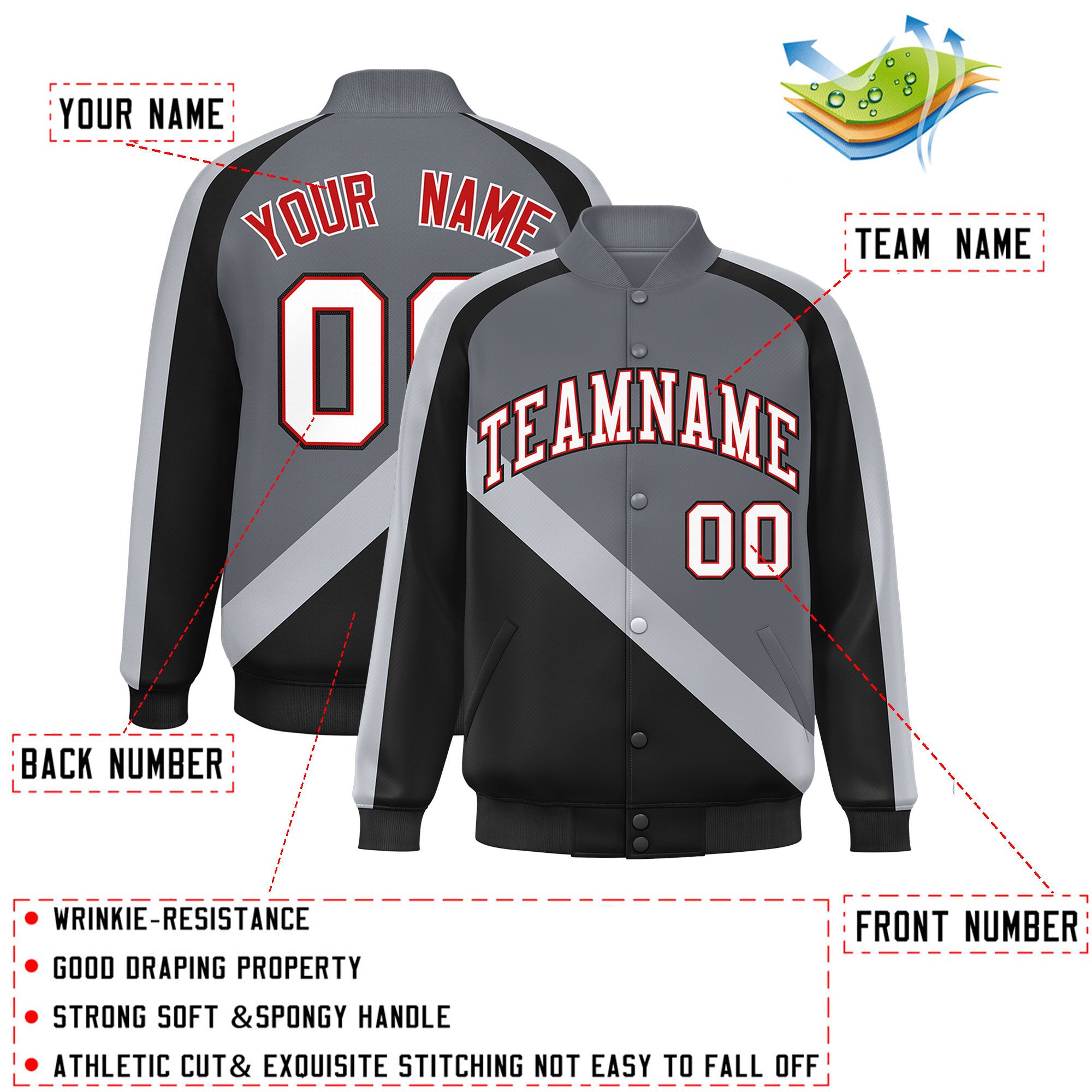 Custom Dark Gray Black Raglan Sleeves Varsity Full-Snap Letterman Baseball Jacket