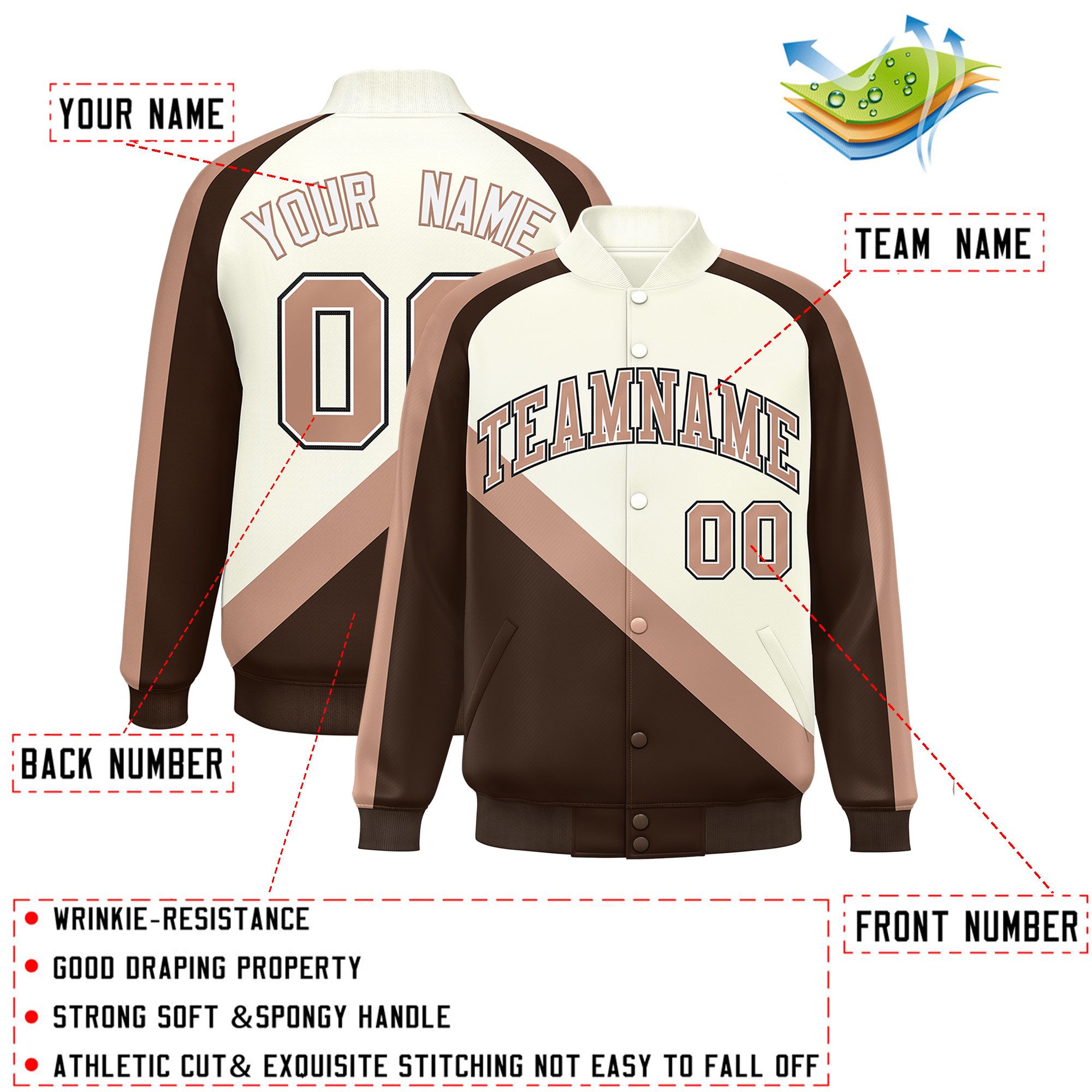 Custom Cream Brown Raglan Sleeves Varsity Full-Snap Letterman Baseball Jacket