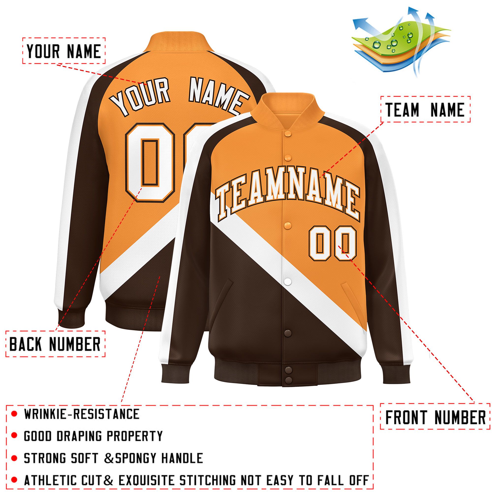 Custom Orange Brown Raglan Sleeves Varsity Full-Snap Letterman Baseball Jacket