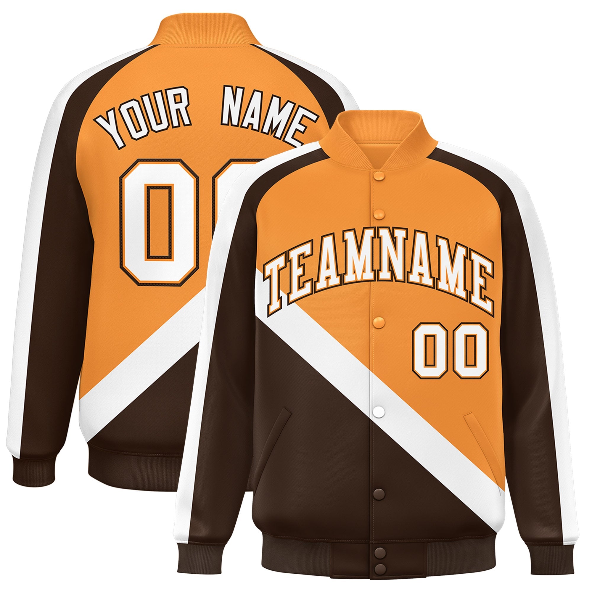 Custom Orange Brown Raglan Sleeves Varsity Full-Snap Letterman Baseball Jacket