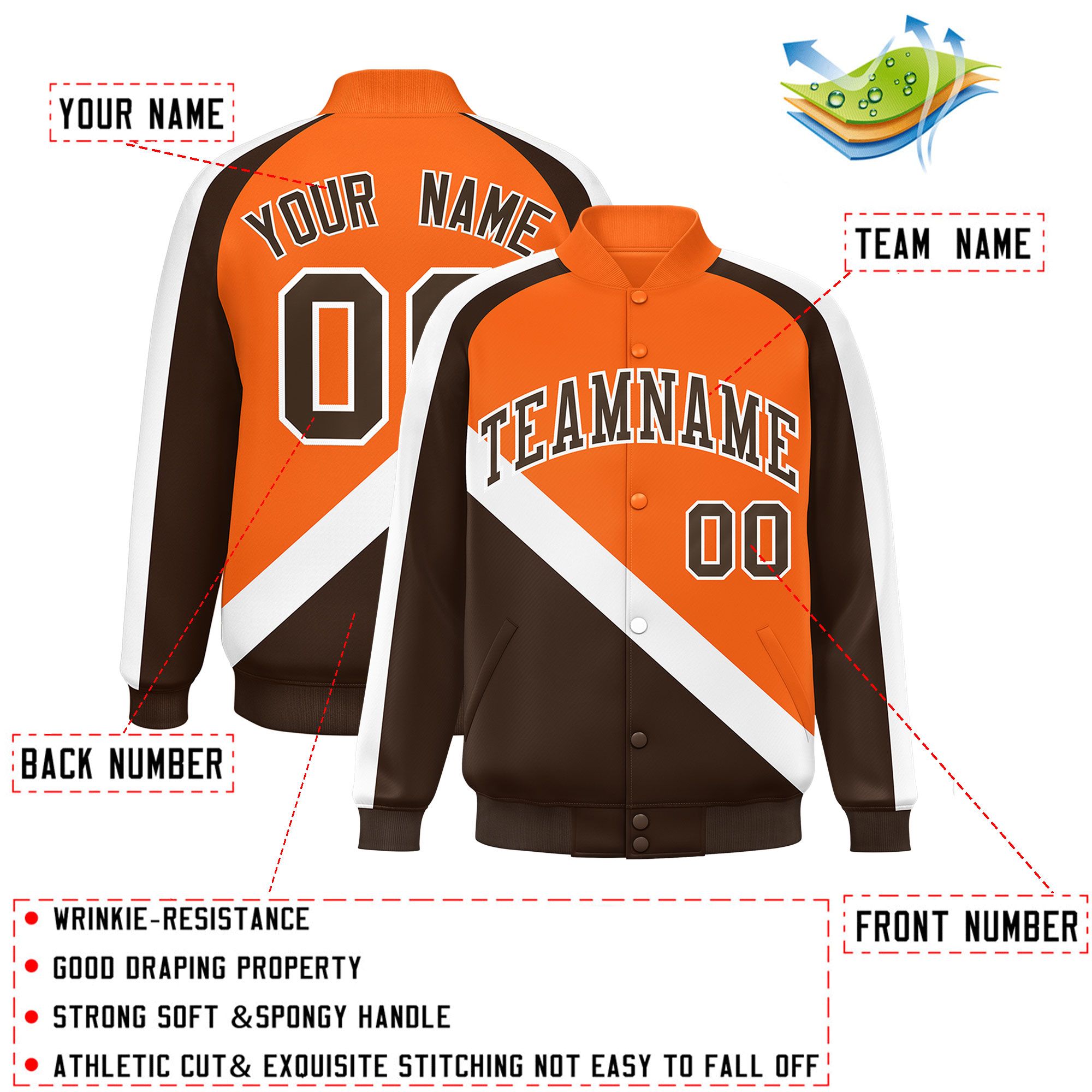 Custom Orange Brown Raglan Sleeves Varsity Full-Snap Letterman Baseball Jacket