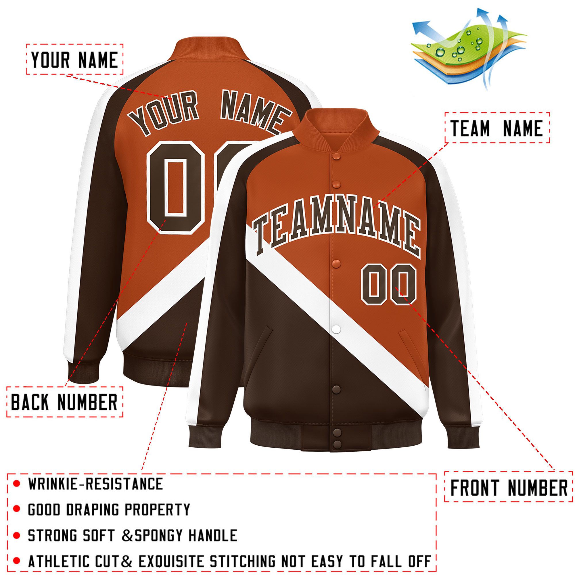 Custom Texas Orange Brown Raglan Sleeves Varsity Full-Snap Letterman Baseball Jacket