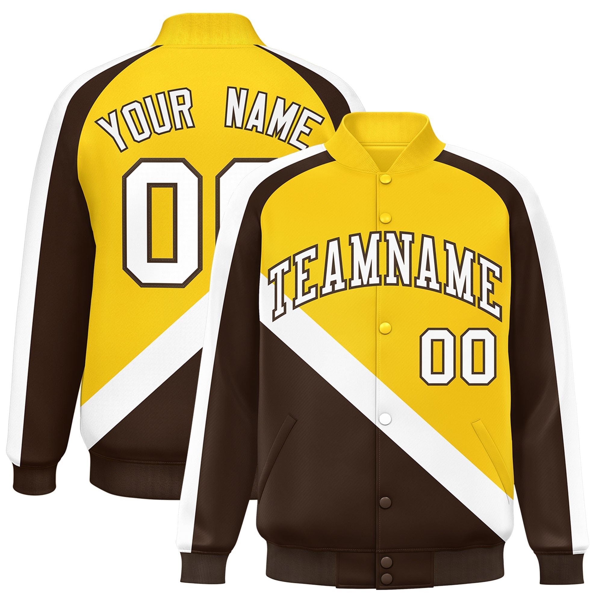 Custom Gold Brown Raglan Sleeves Varsity Full-Snap Letterman Baseball Jacket