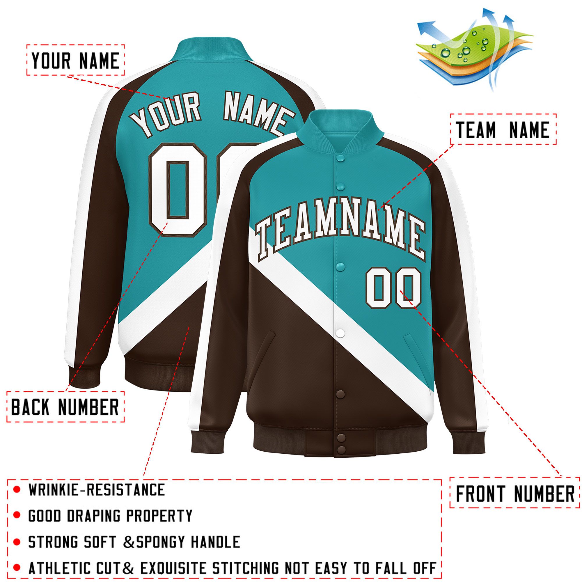 Custom Aqua Brown Raglan Sleeves Varsity Full-Snap Letterman Baseball Jacket