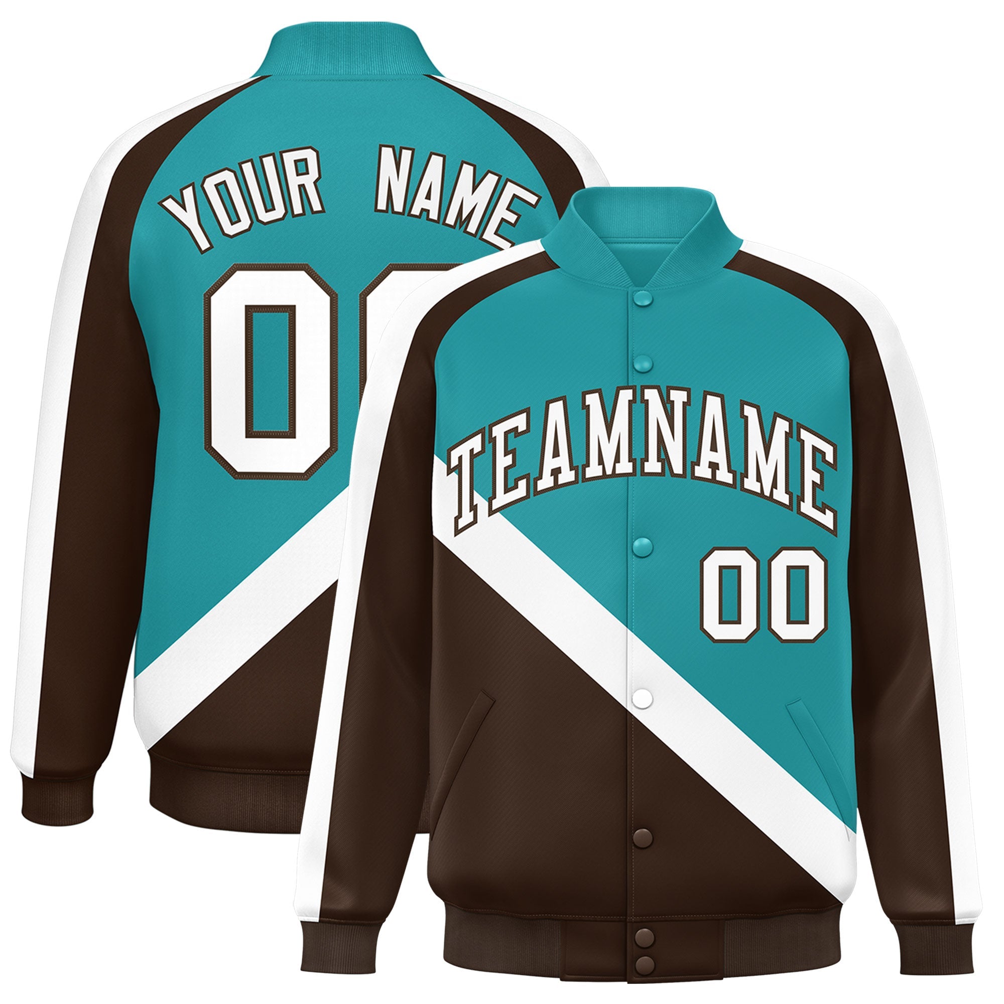 Custom Aqua Brown Raglan Sleeves Varsity Full-Snap Letterman Baseball Jacket