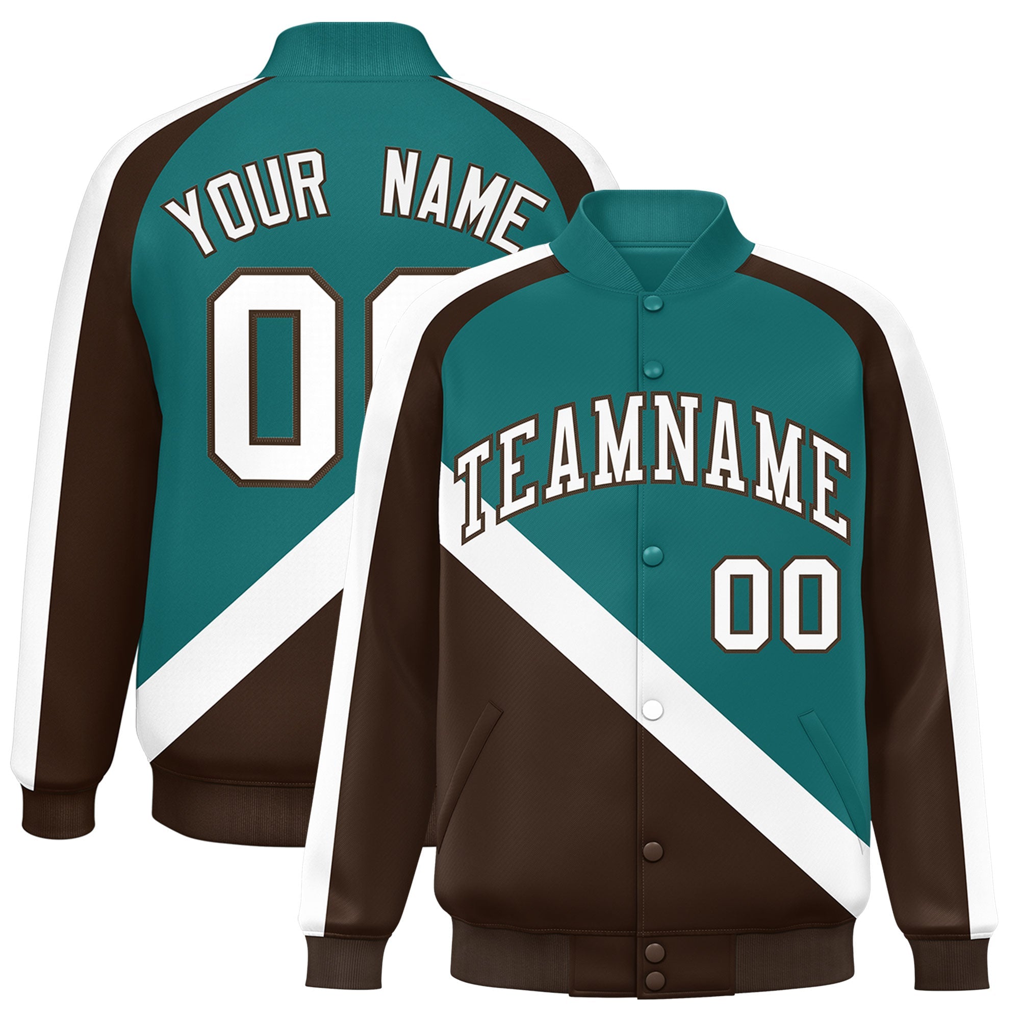 Custom Aqua Brown Raglan Sleeves Varsity Full-Snap Letterman Baseball Jacket