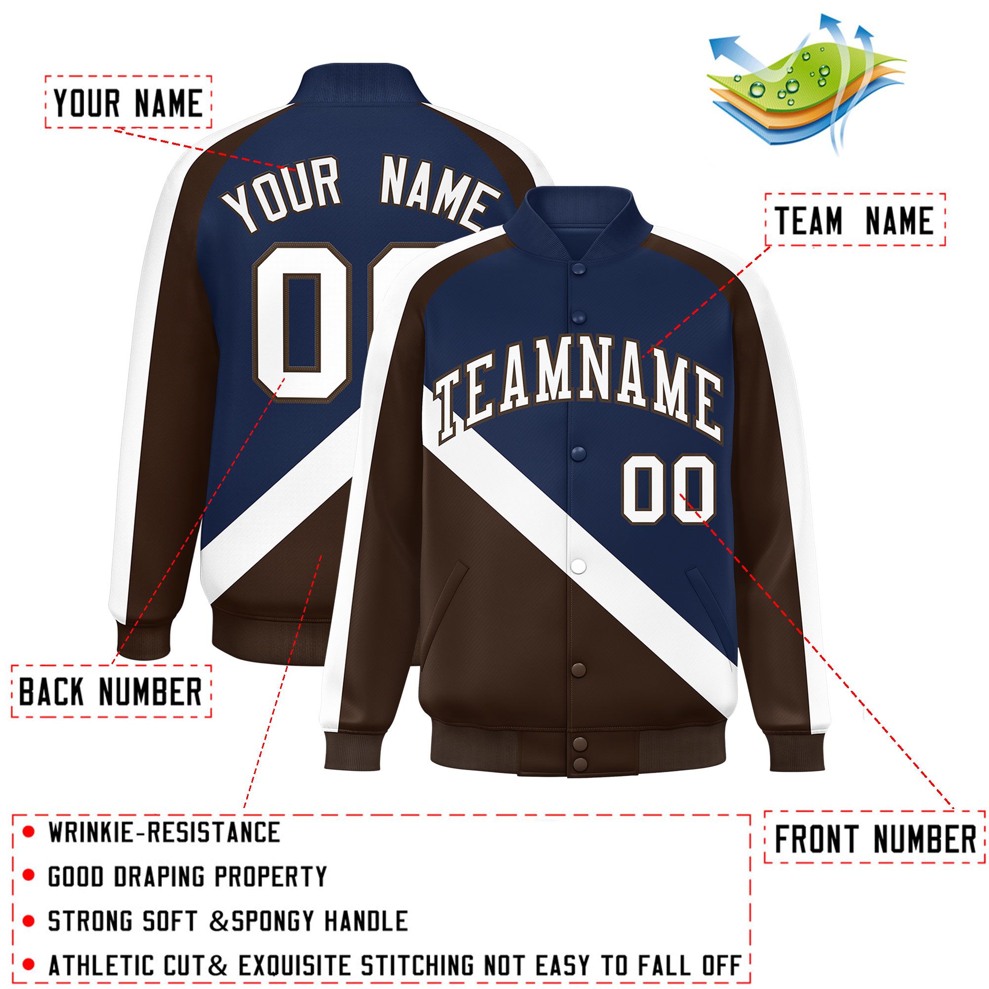 Custom Navy Brown Raglan Sleeves Varsity Full-Snap Letterman Baseball Jacket