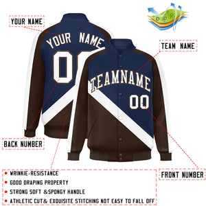 Custom Navy Brown Raglan Sleeves Varsity Full-Snap Letterman Baseball Jacket