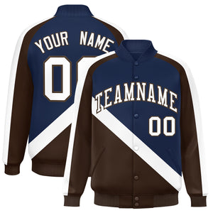 Custom Navy Brown Raglan Sleeves Varsity Full-Snap Letterman Baseball Jacket