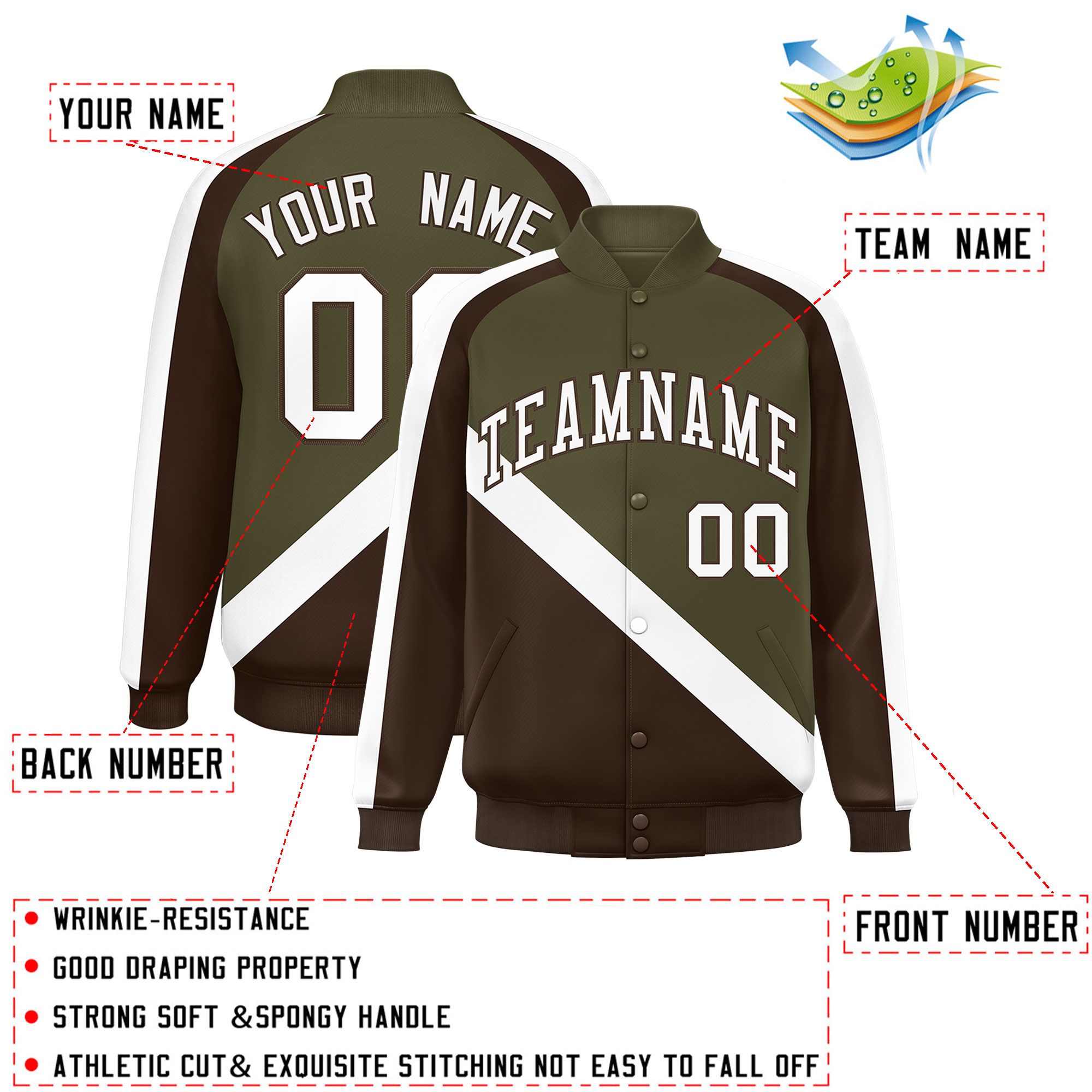 Custom Olive Brown Raglan Sleeves Varsity Full-Snap Letterman Baseball Jacket