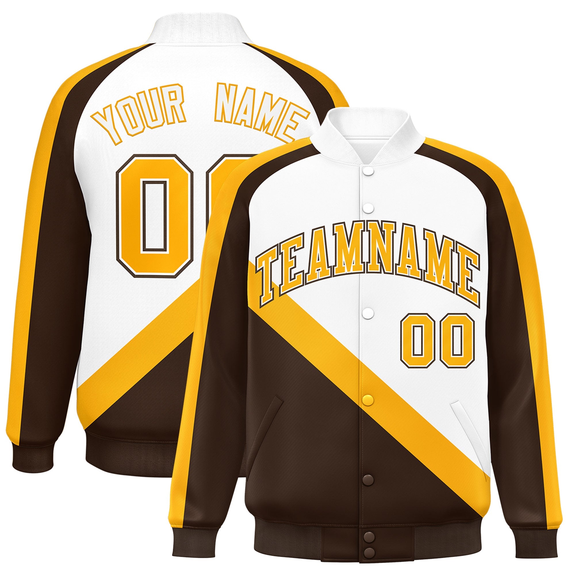 Custom White Brown Raglan Sleeves Varsity Full-Snap Letterman Baseball Jacket