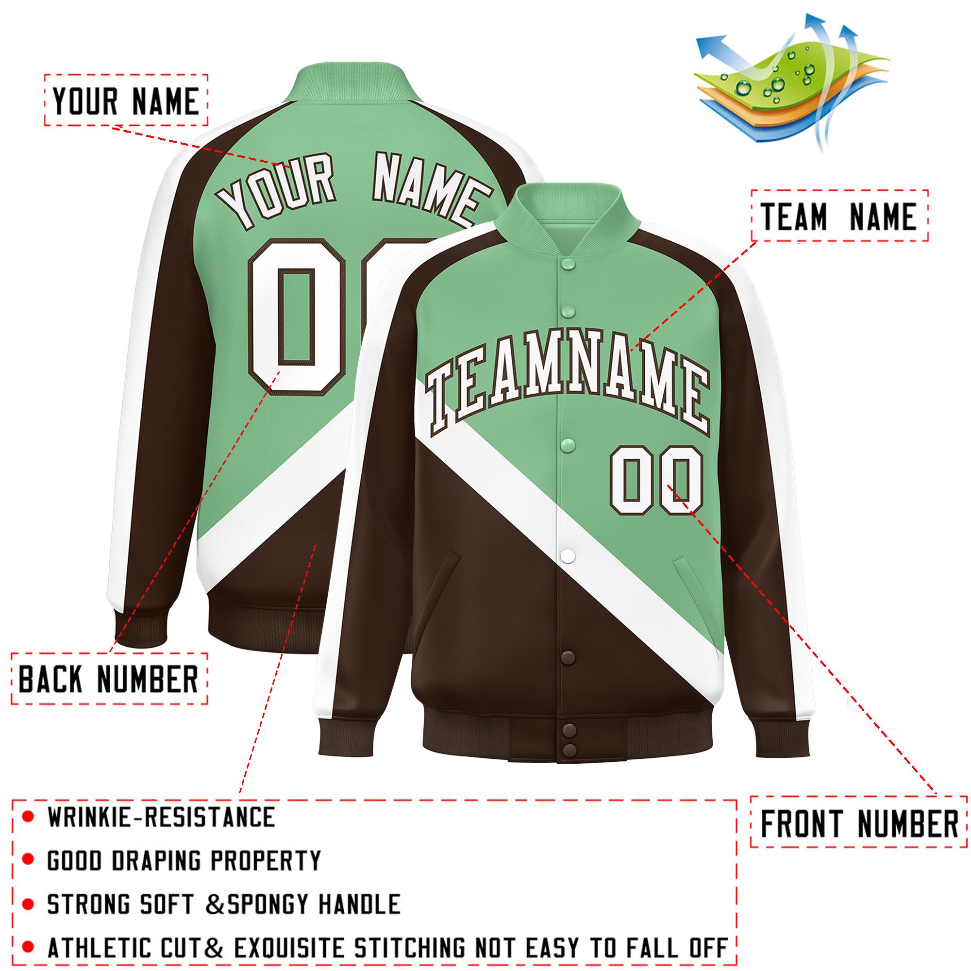 Custom Green Brown Raglan Sleeves Varsity Full-Snap Letterman Baseball Jacket