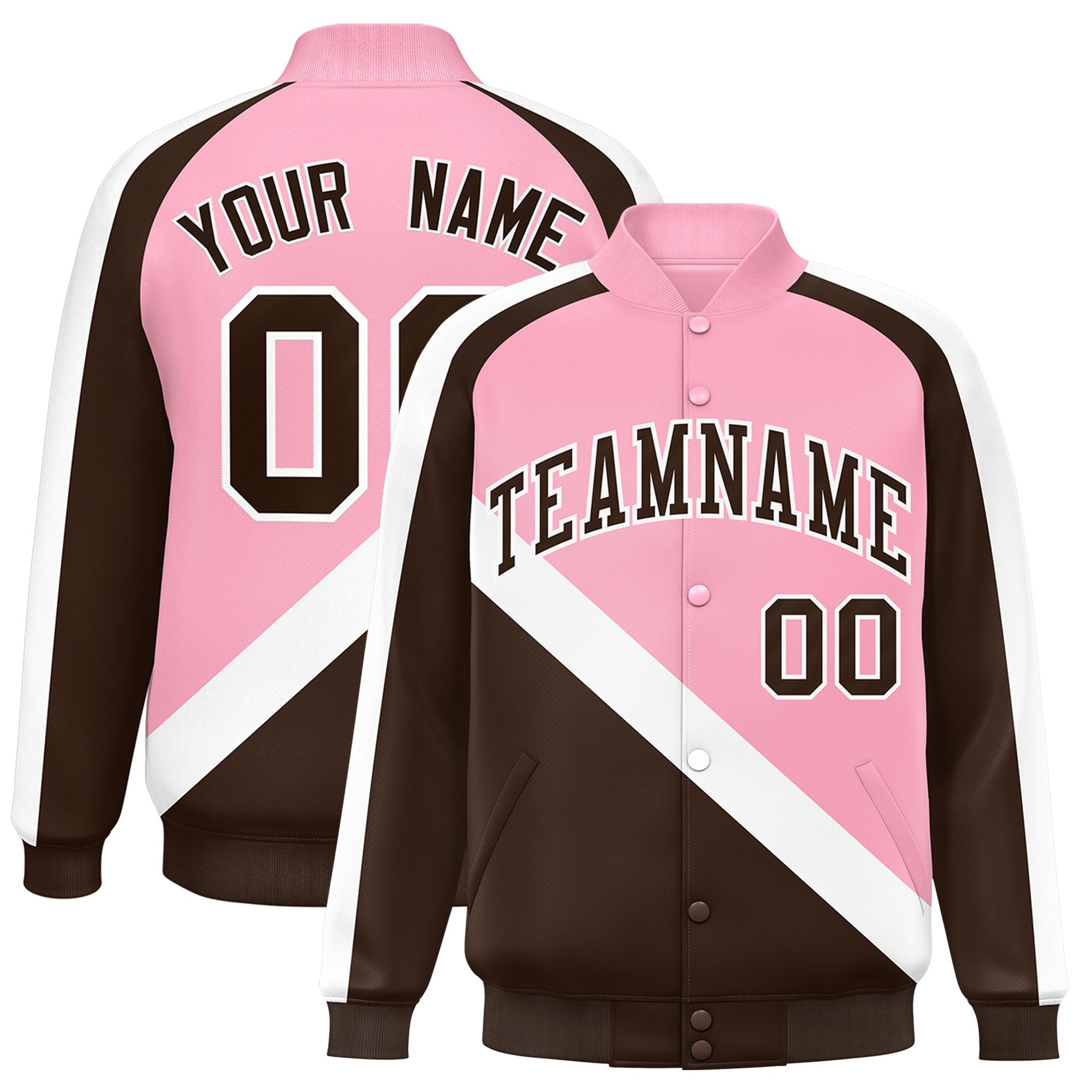 Custom Light Pink Brown Raglan Sleeves Varsity Full-Snap Letterman Baseball Jacket