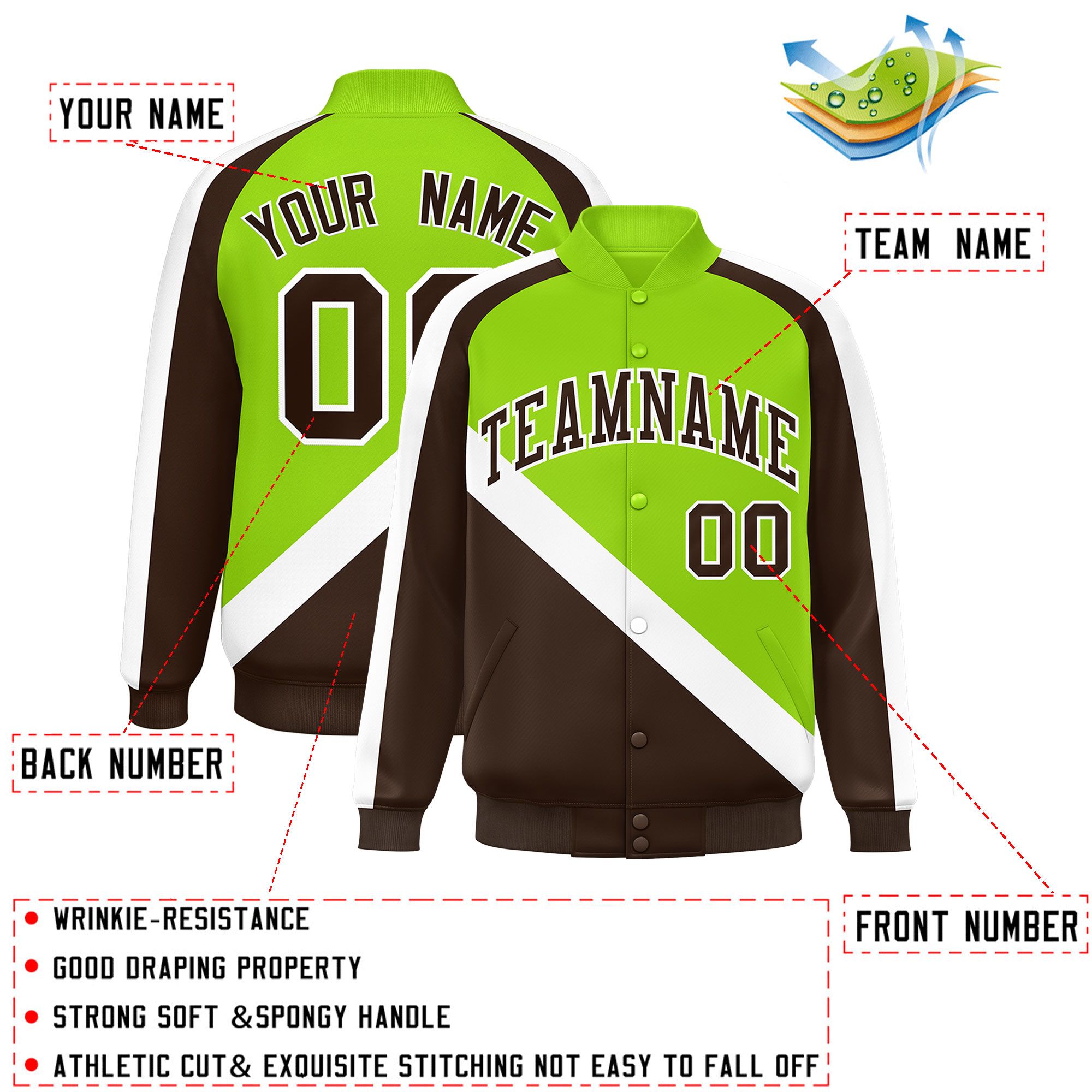 Custom Neon Green Brown Raglan Sleeves Varsity Full-Snap Letterman Baseball Jacket