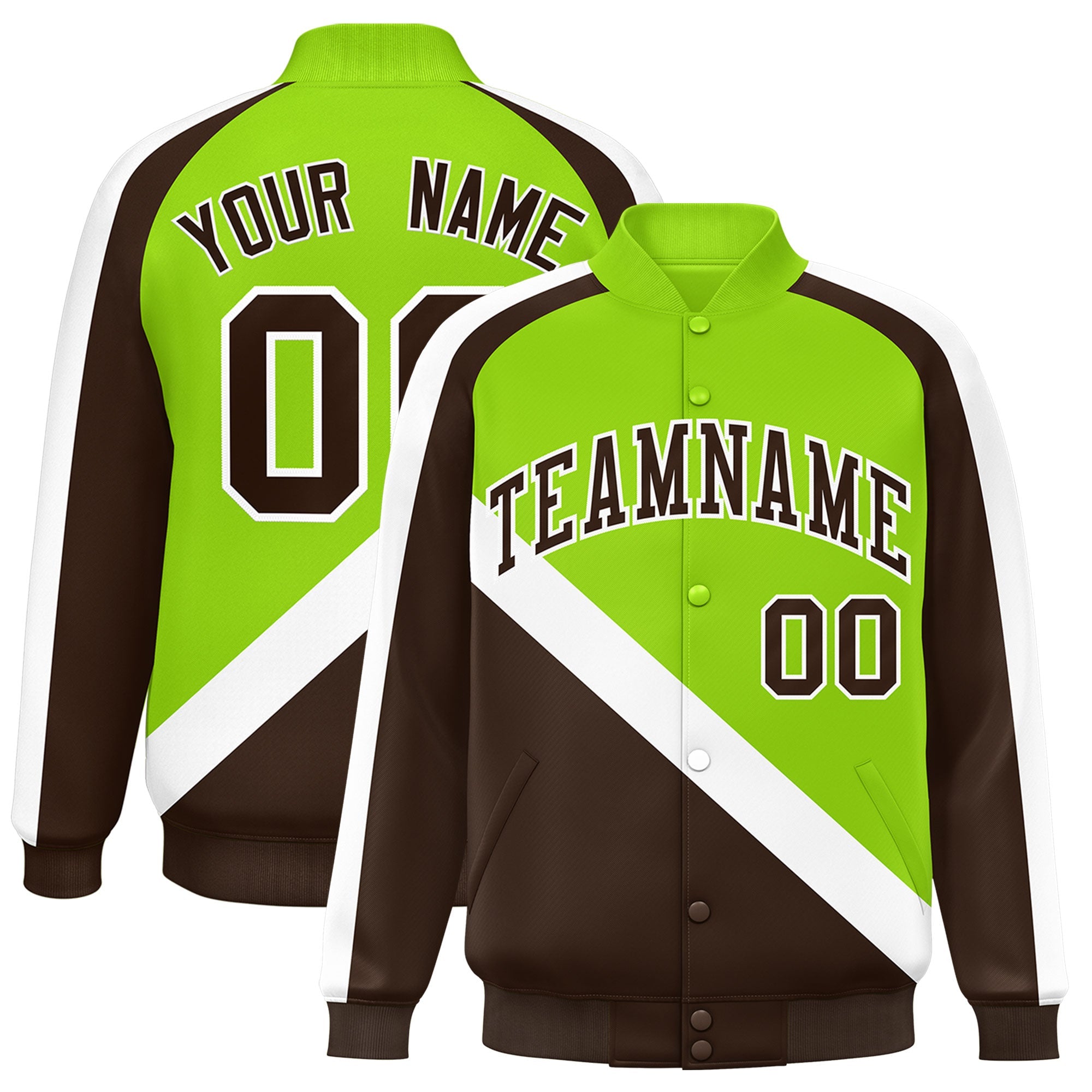 Custom Neon Green Brown Raglan Sleeves Varsity Full-Snap Letterman Baseball Jacket