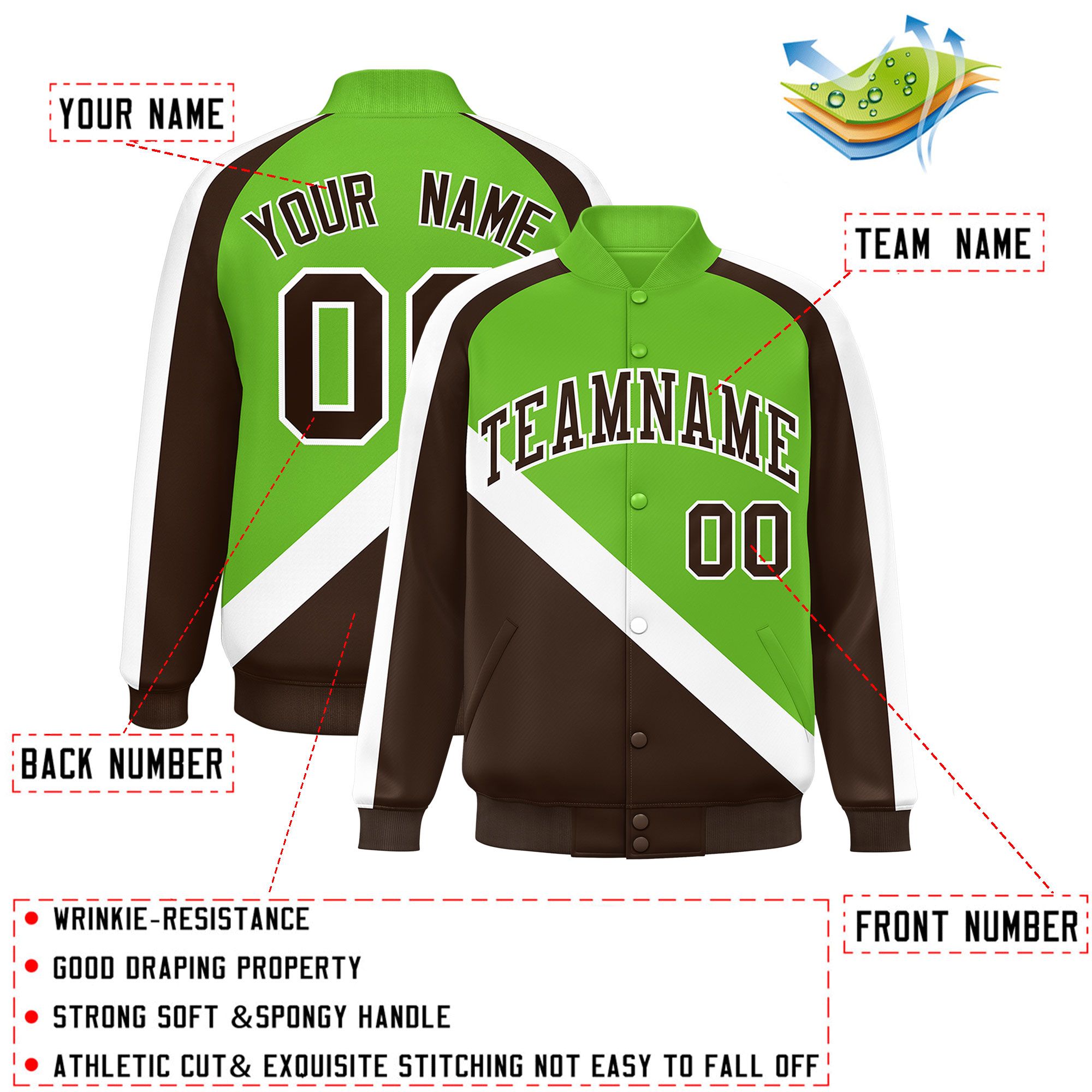 Custom Green Brown Raglan Sleeves Varsity Full-Snap Letterman Baseball Jacket