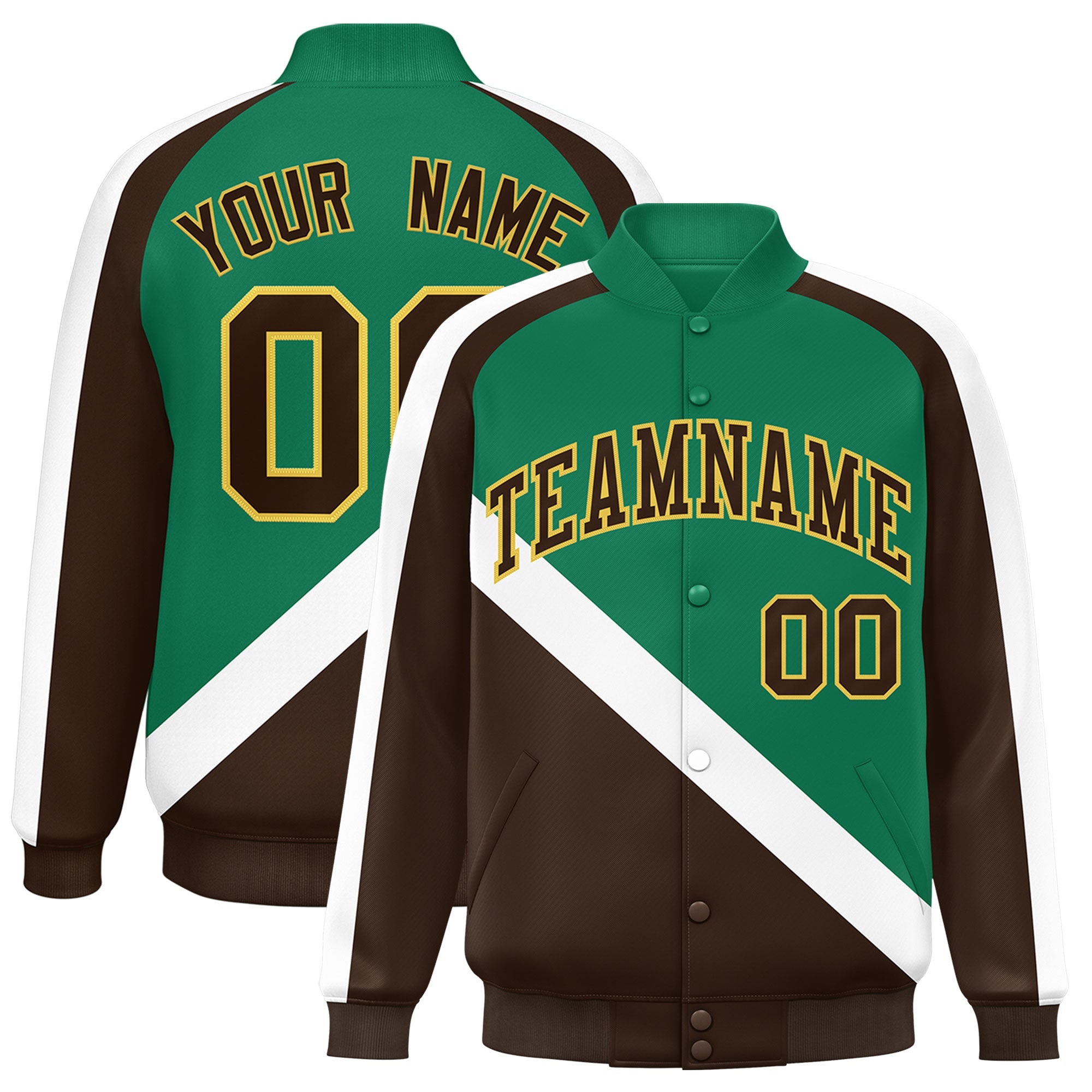 Custom Kelly Green Brown Raglan Sleeves Varsity Full-Snap Letterman Baseball Jacket