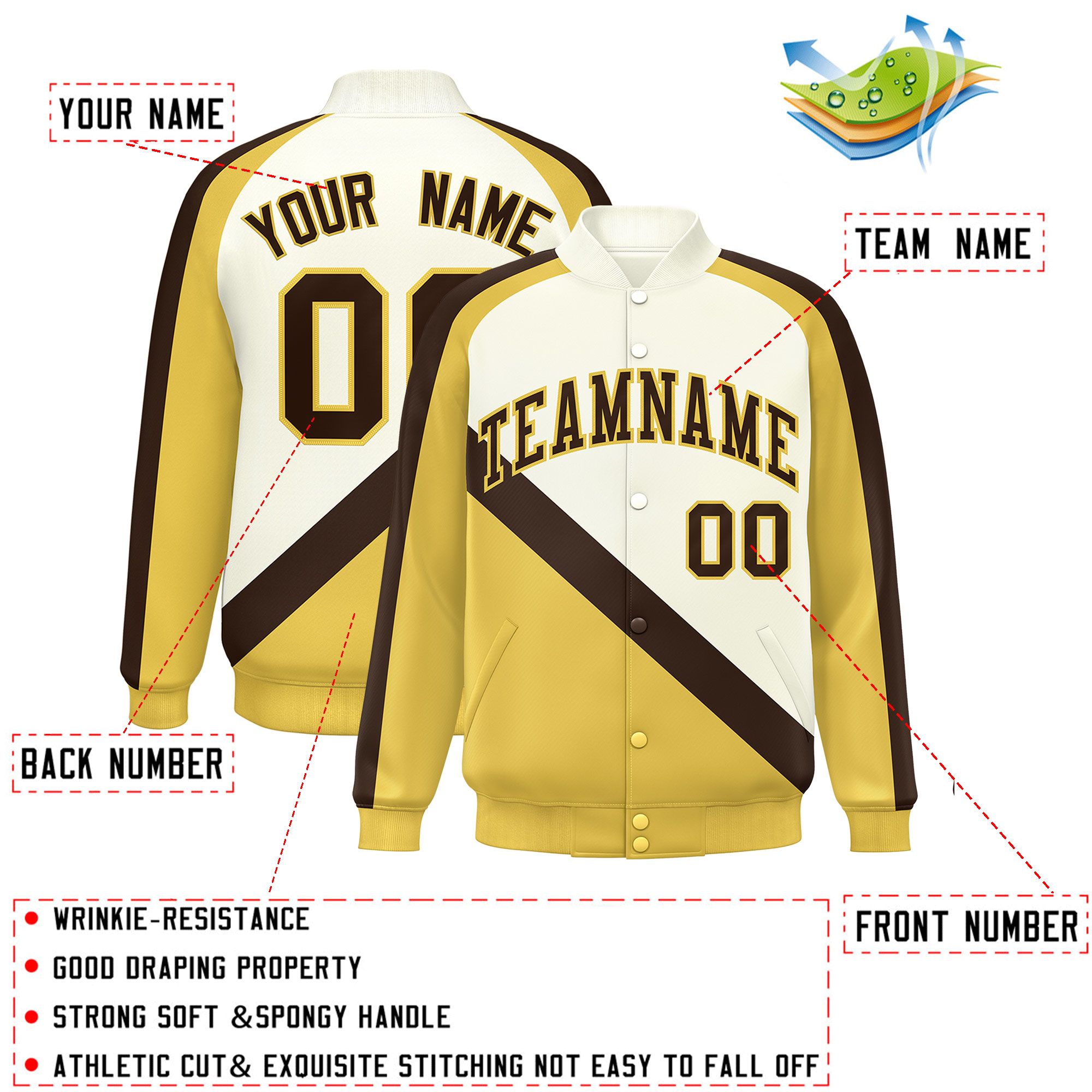 Custom Cream Khaki Raglan Sleeves Varsity Full-Snap Letterman Baseball Jacket