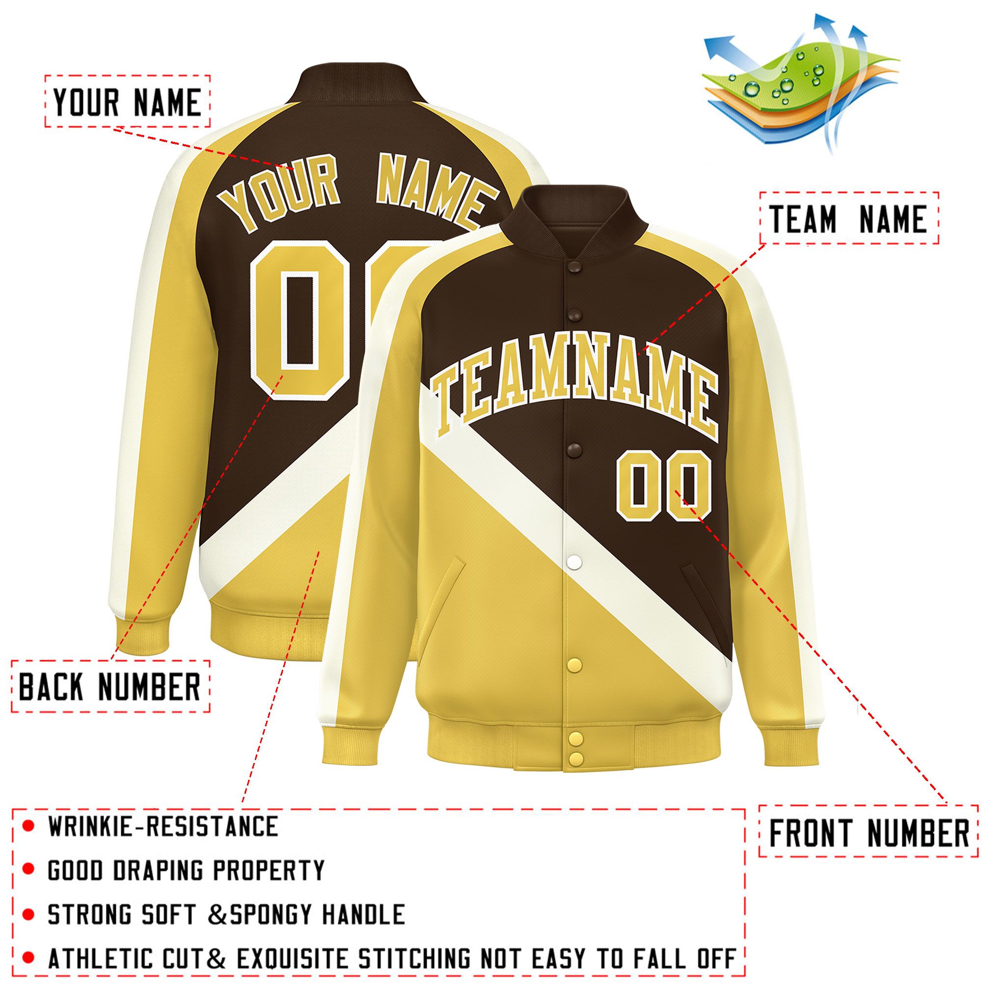 Custom Brown Khaki Raglan Sleeves Varsity Full-Snap Letterman Baseball Jacket