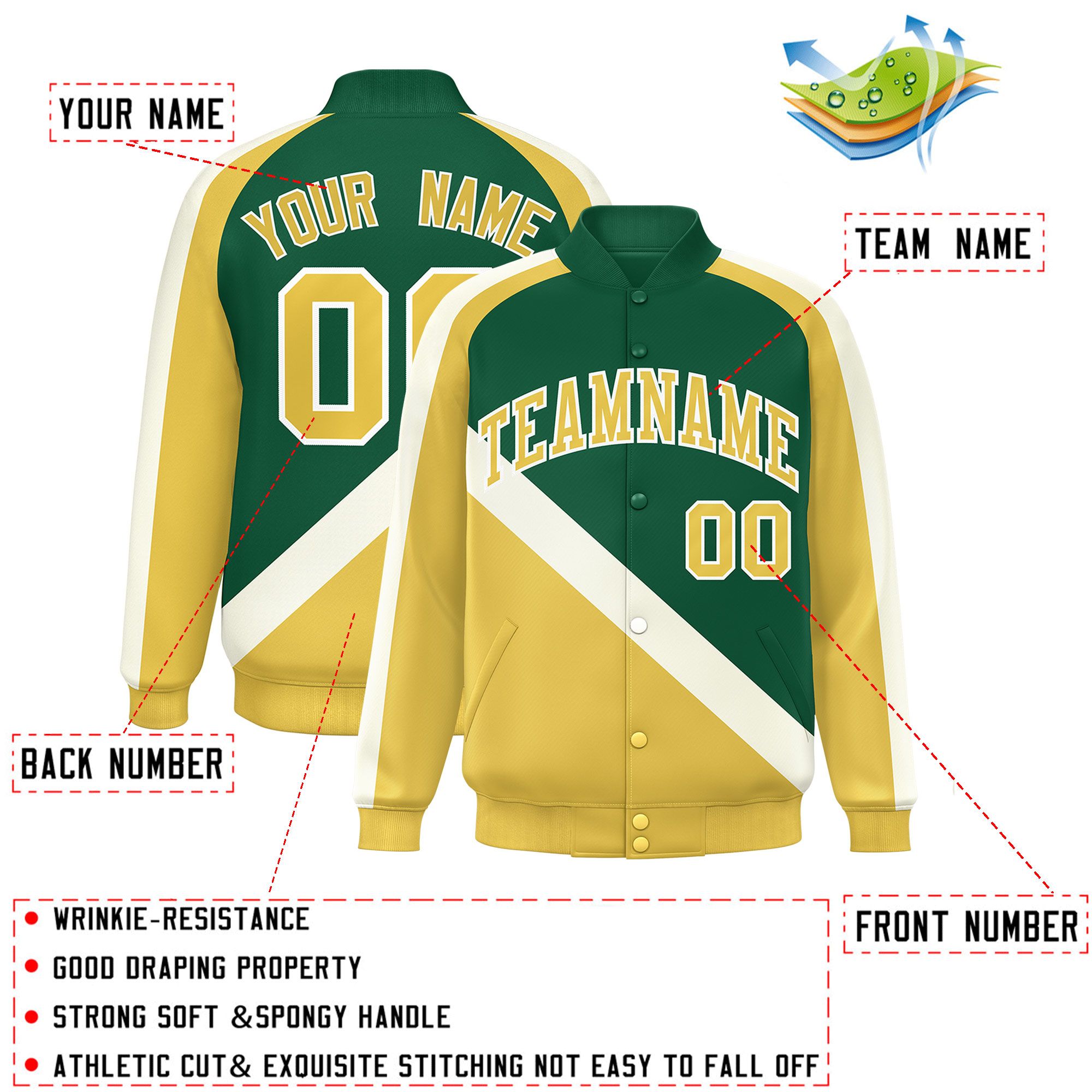 Custom Green Khaki Raglan Sleeves Varsity Full-Snap Letterman Baseball Jacket