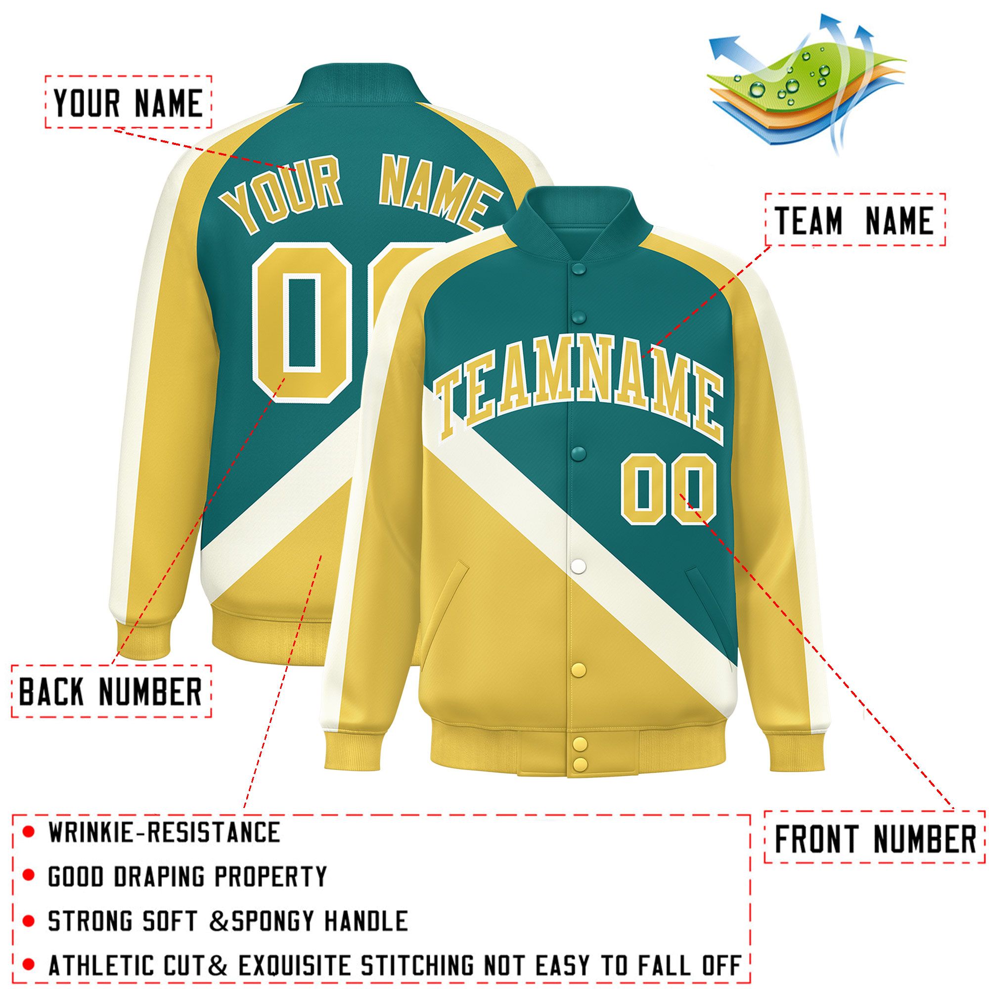 Custom Aqua Khaki Raglan Sleeves Varsity Full-Snap Letterman Baseball Jacket