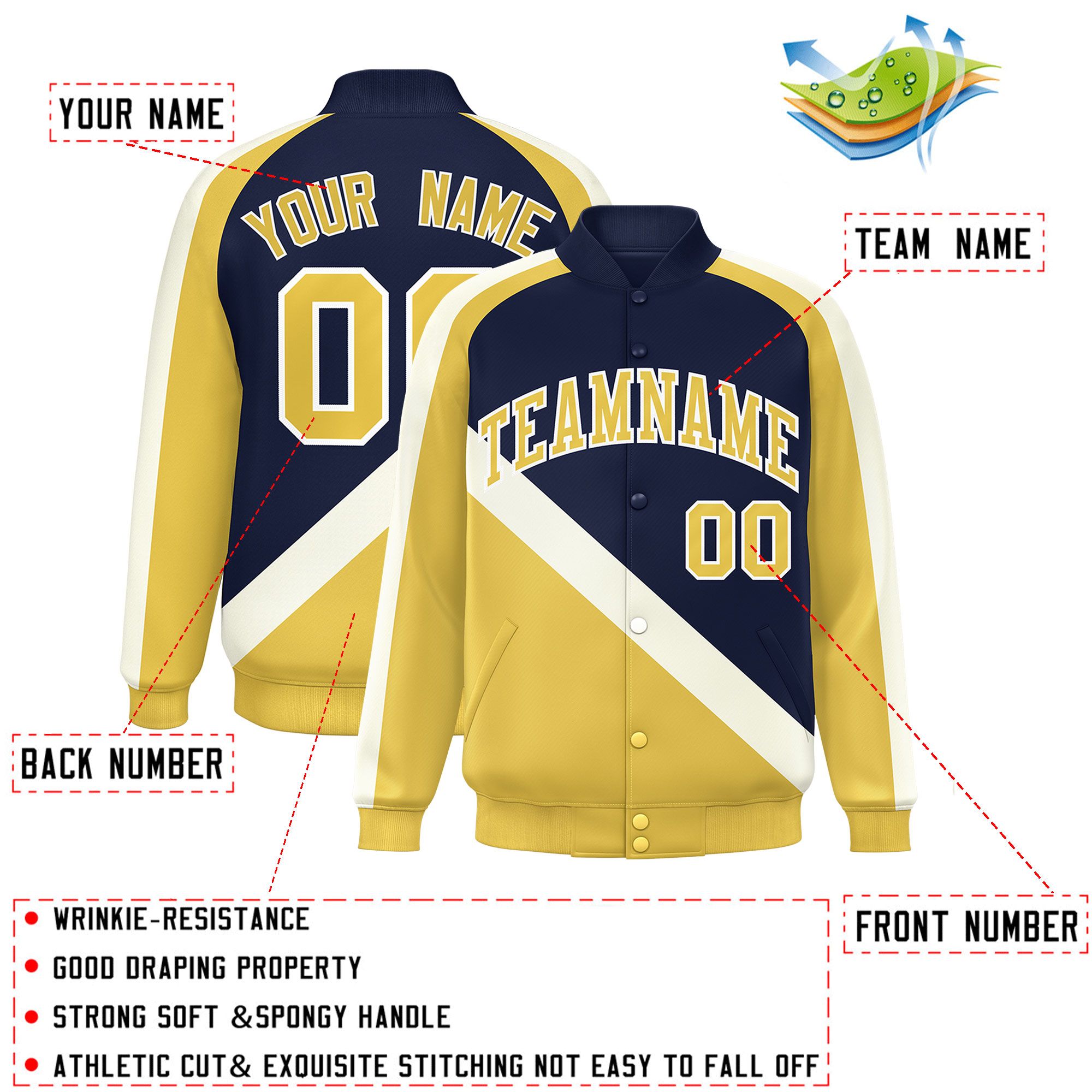 Custom Navy Khaki Raglan Sleeves Varsity Full-Snap Letterman Baseball Jacket