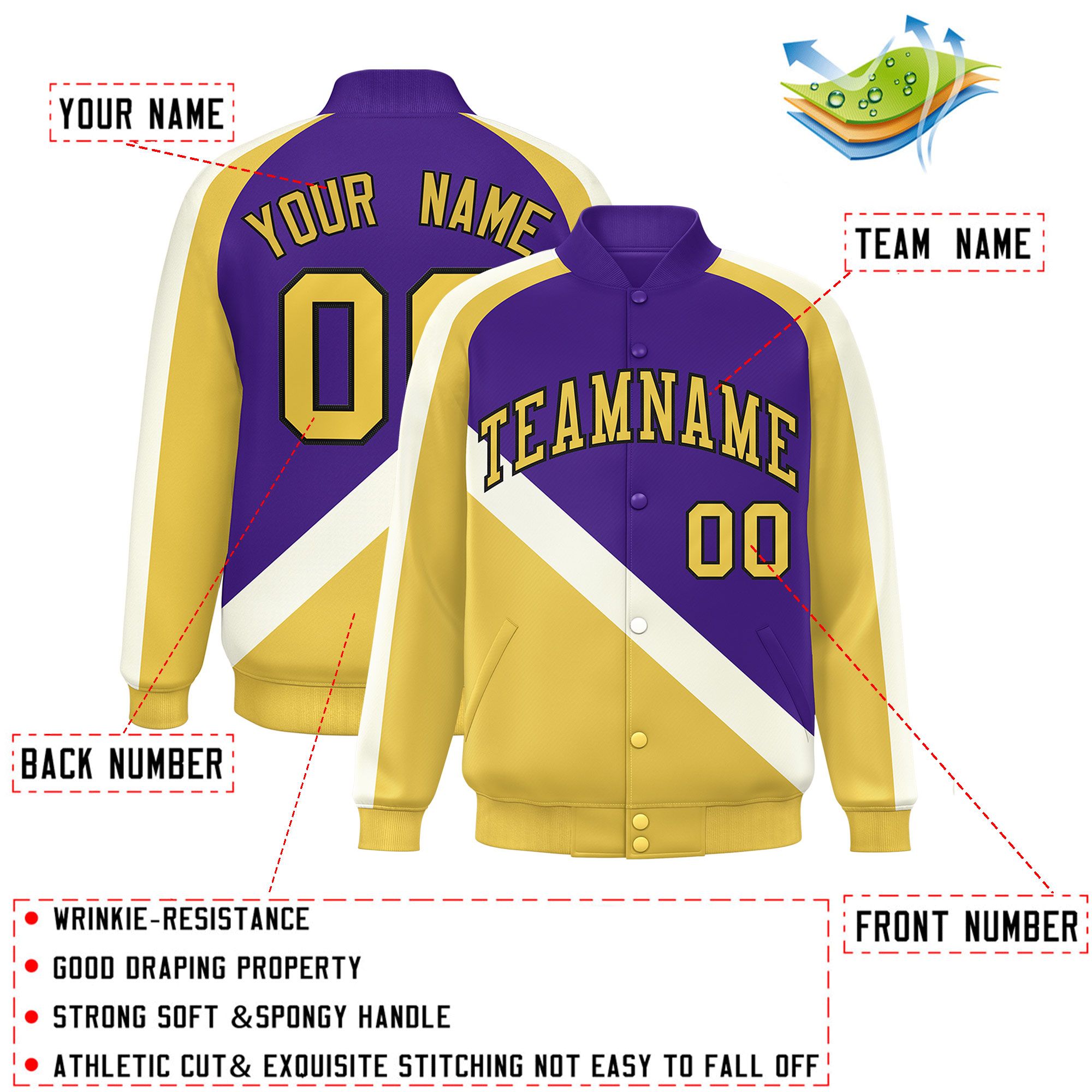 Custom Purple Khaki Raglan Sleeves Varsity Full-Snap Letterman Baseball Jacket