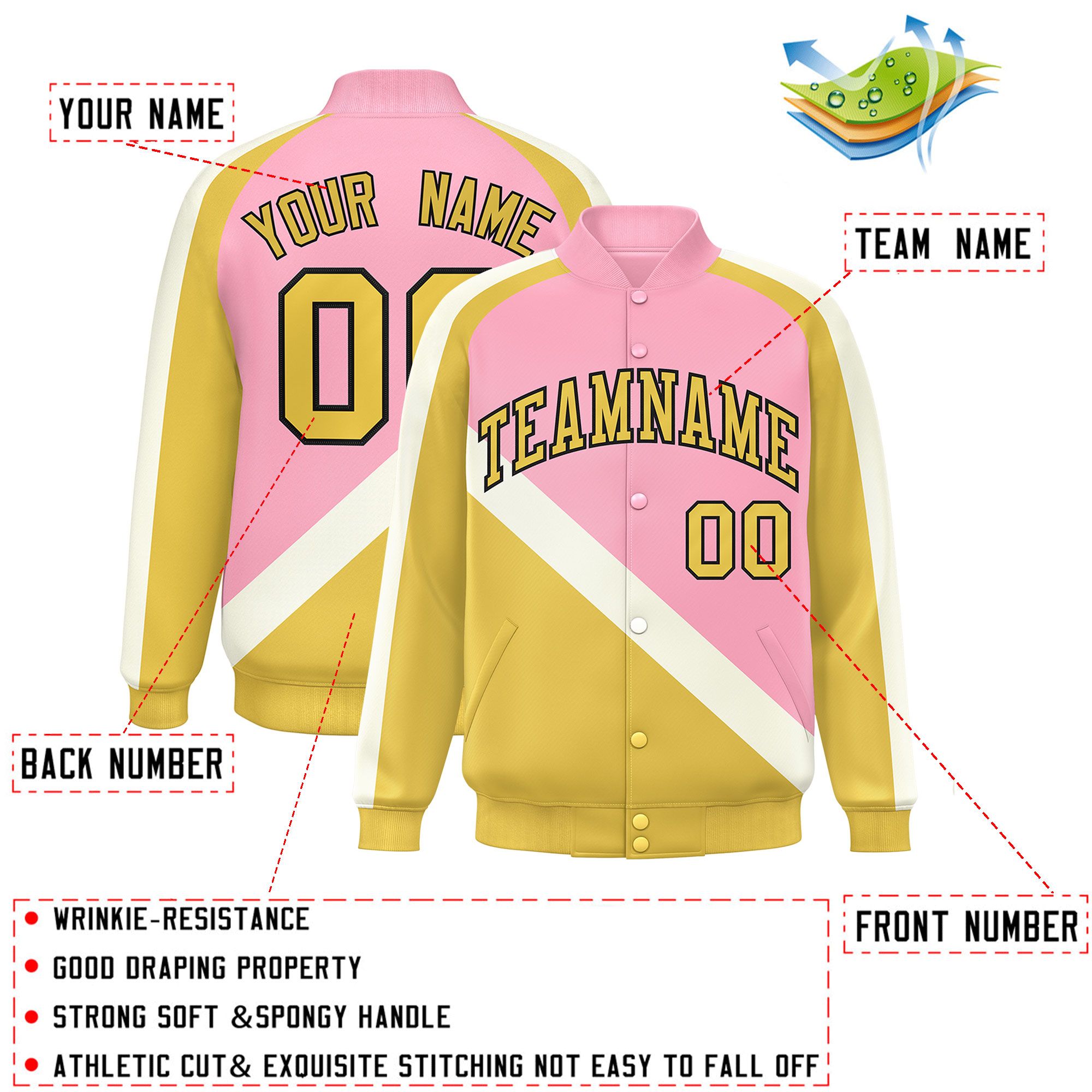 Custom Light Pink Khaki Raglan Sleeves Varsity Full-Snap Letterman Baseball Jacket