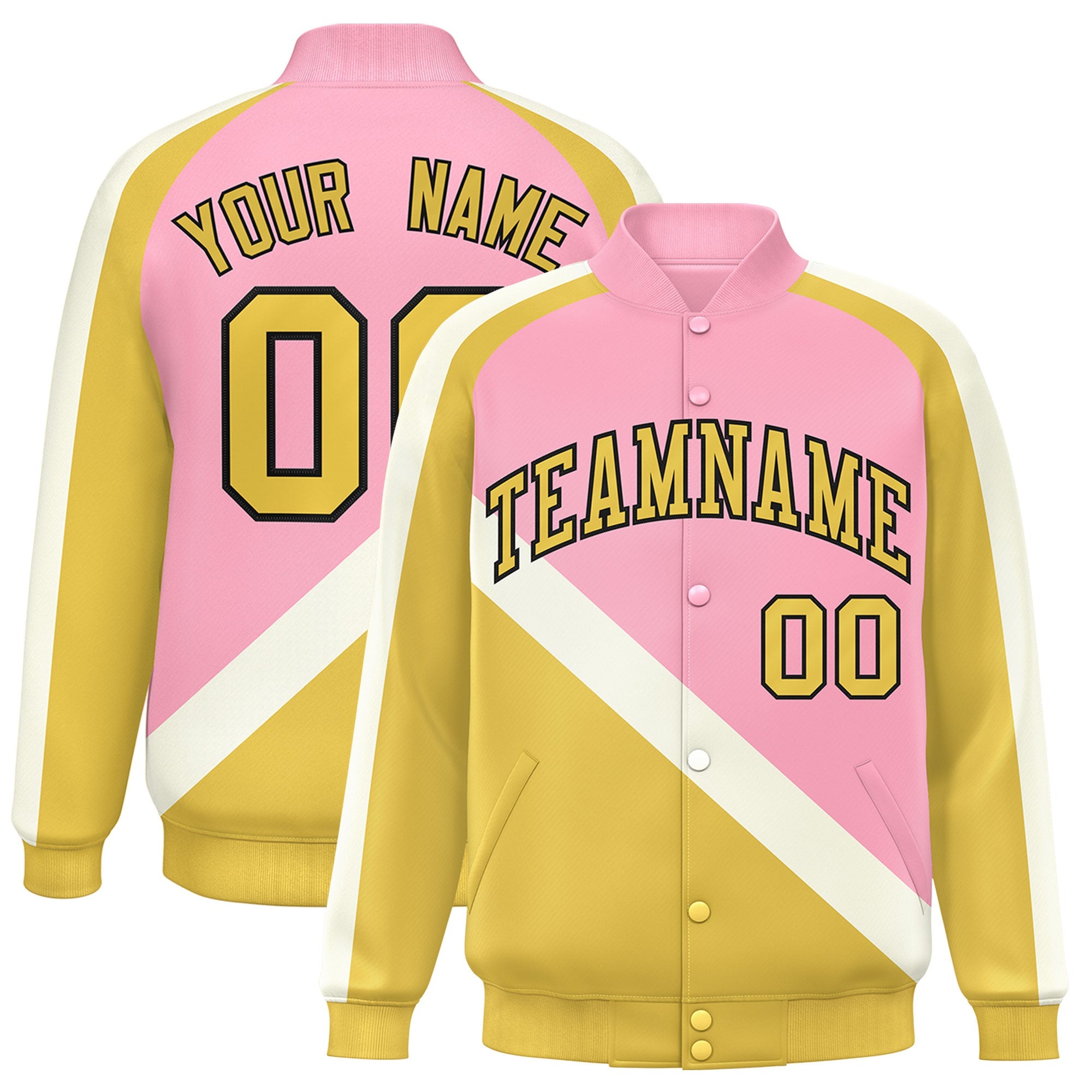 Custom Light Pink Khaki Raglan Sleeves Varsity Full-Snap Letterman Baseball Jacket