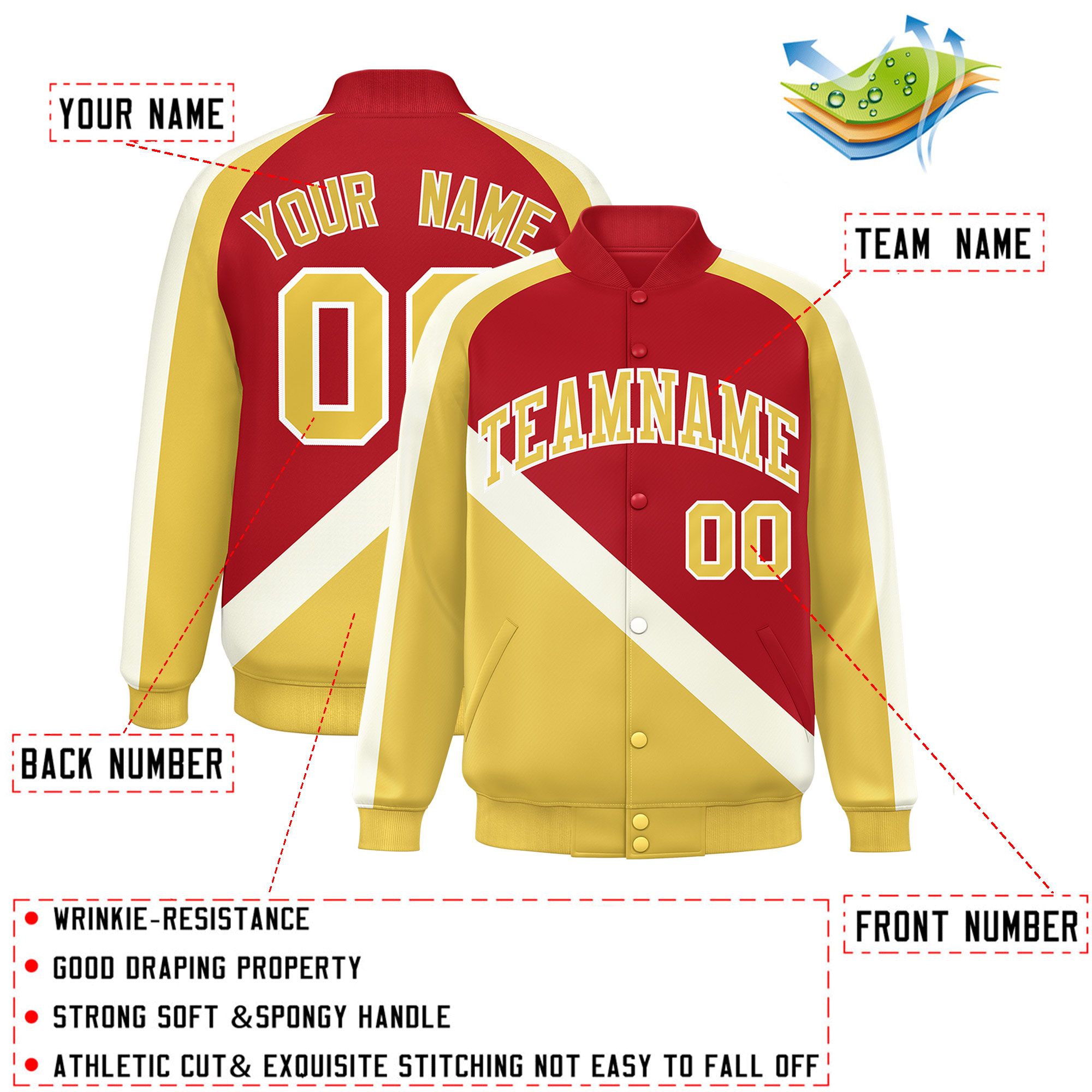 Custom Red Khaki Raglan Sleeves Varsity Full-Snap Letterman Baseball Jacket