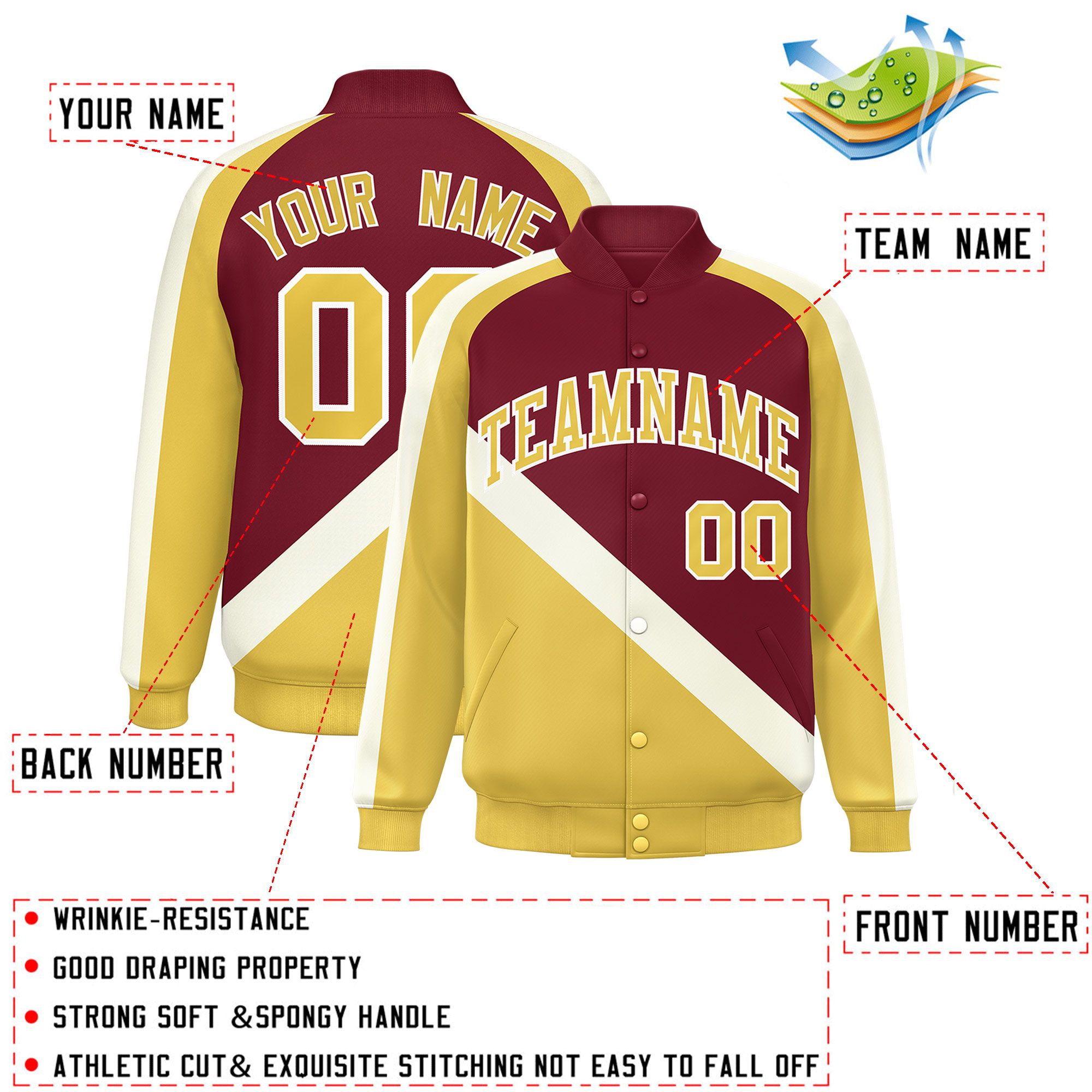 Custom Crimson Khaki Raglan Sleeves Varsity Full-Snap Letterman Baseball Jacket