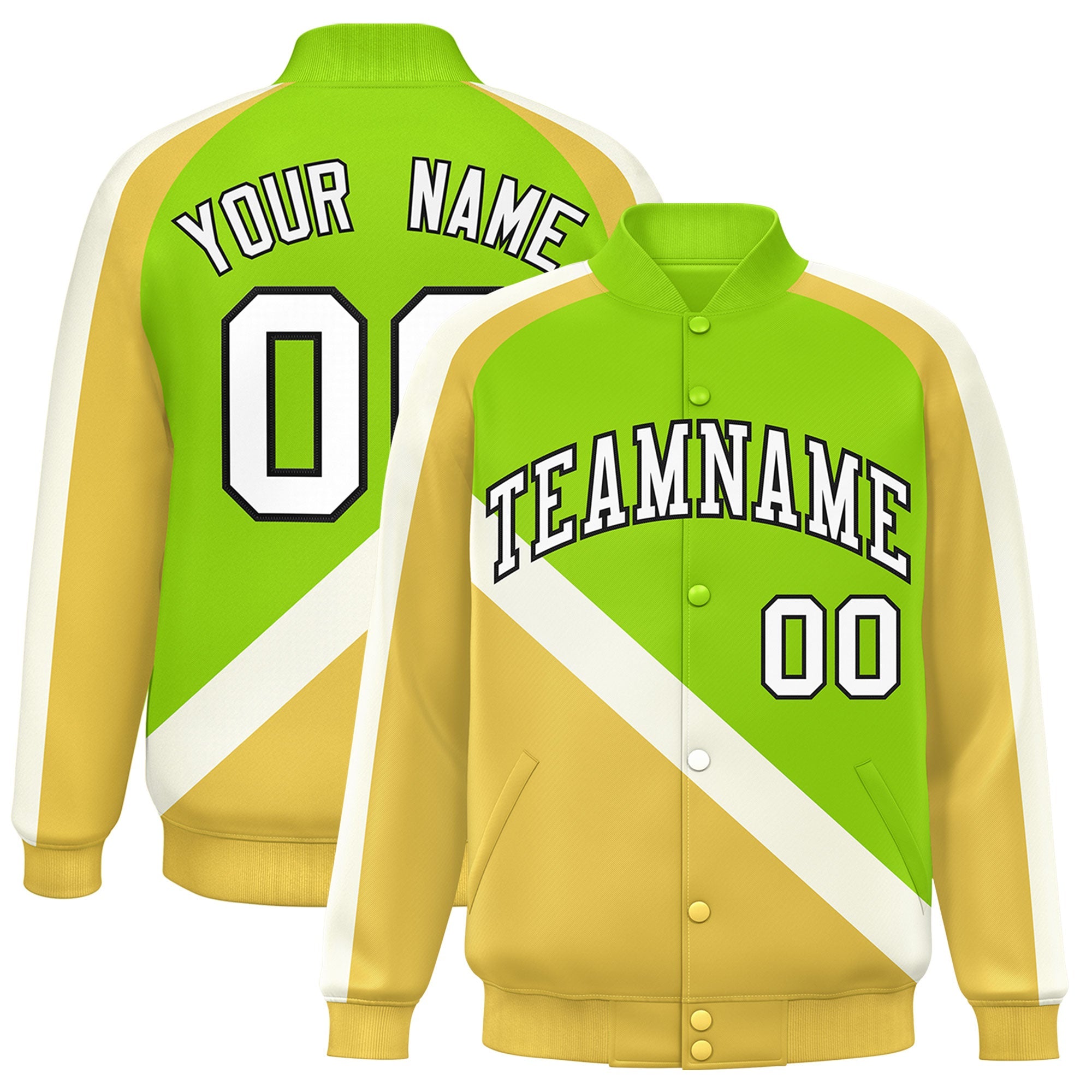 Custom Neon Green Khaki Raglan Sleeves Varsity Full-Snap Letterman Baseball Jacket