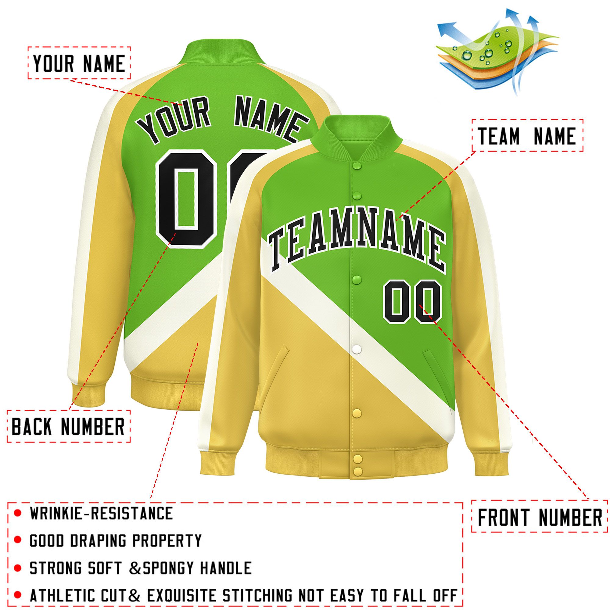 Custom Green Khaki Raglan Sleeves Varsity Full-Snap Letterman Baseball Jacket