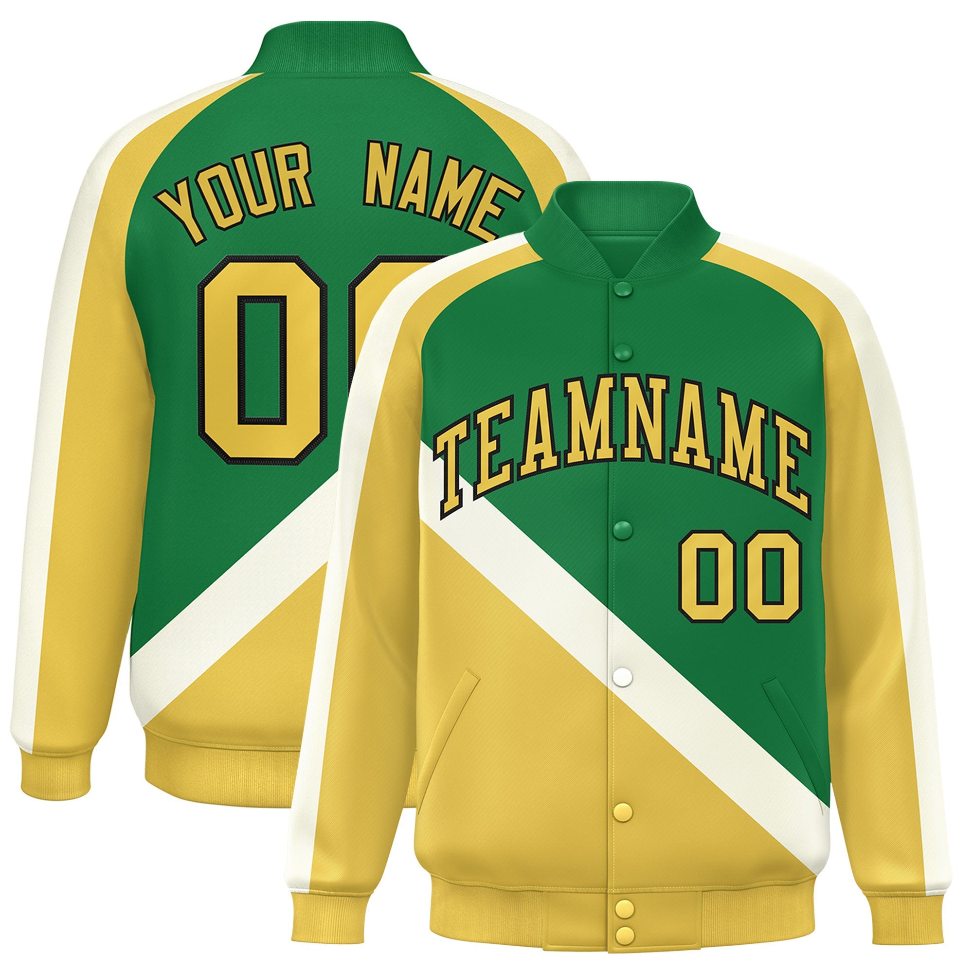 Custom Kelly Green Khaki Raglan Sleeves Varsity Full-Snap Letterman Baseball Jacket