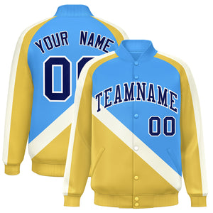 Custom Powder Blue Khaki Raglan Sleeves Varsity Full-Snap Letterman Baseball Jacket