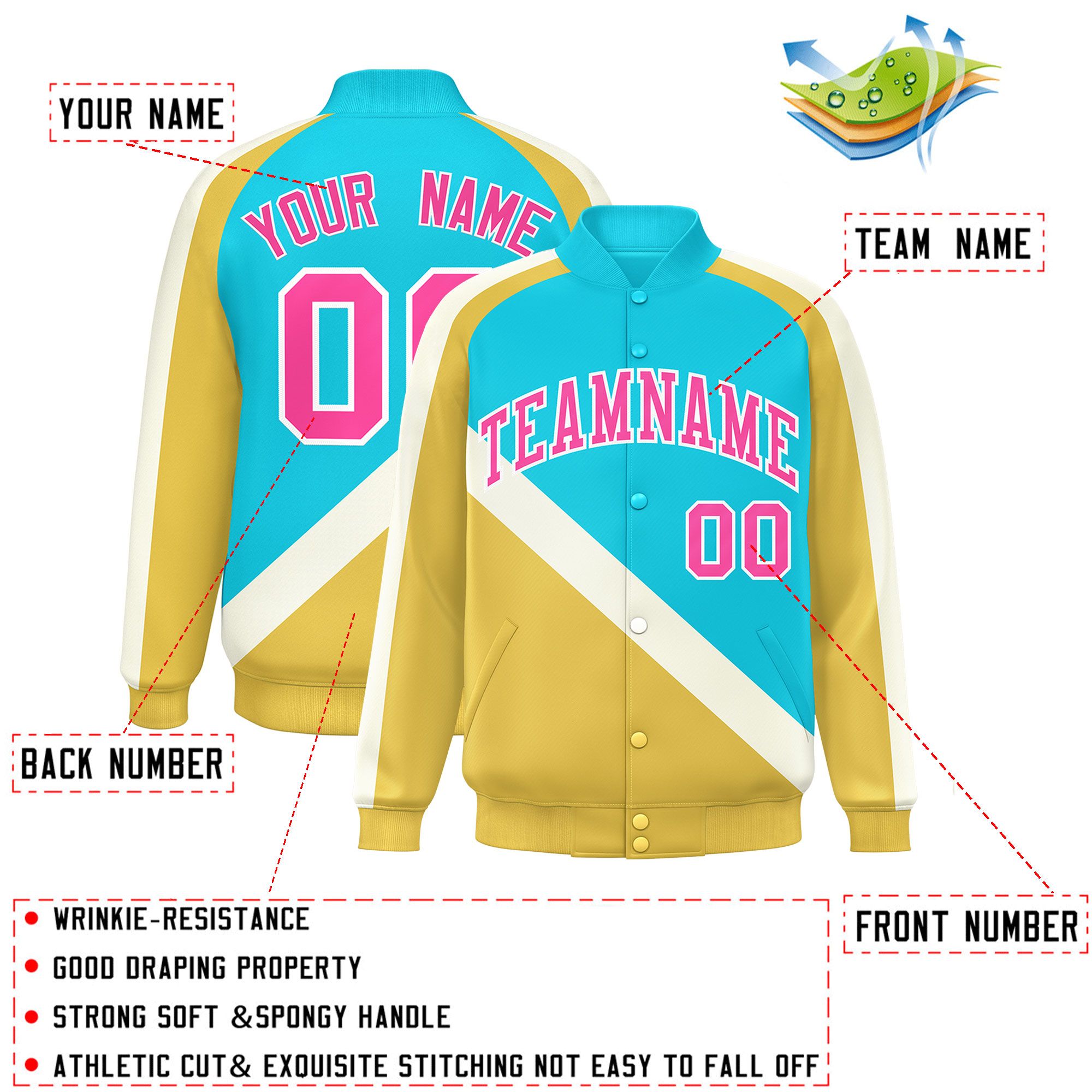 Custom Sky Blue Khaki Raglan Sleeves Varsity Full-Snap Letterman Baseball Jacket