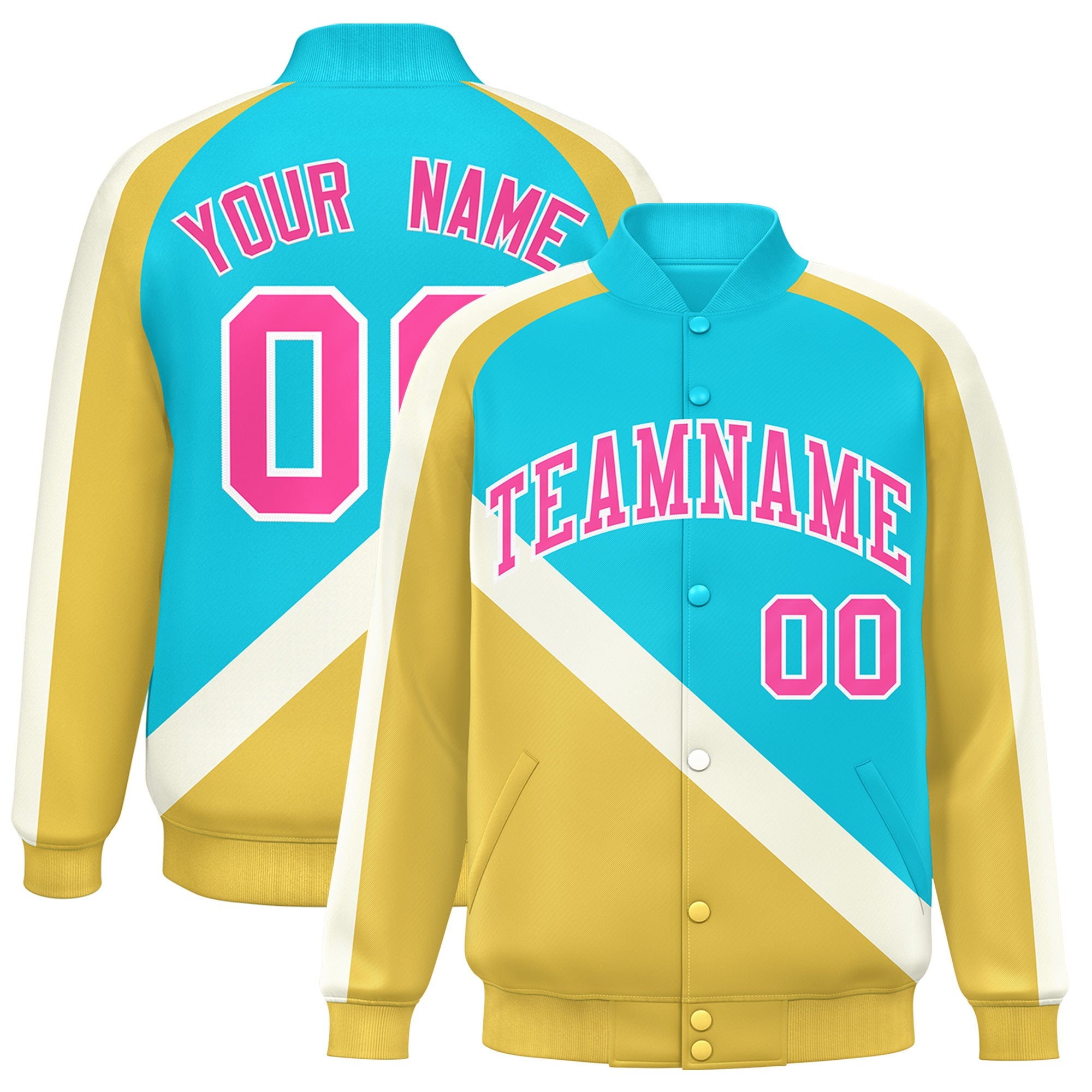 Custom Sky Blue Khaki Raglan Sleeves Varsity Full-Snap Letterman Baseball Jacket