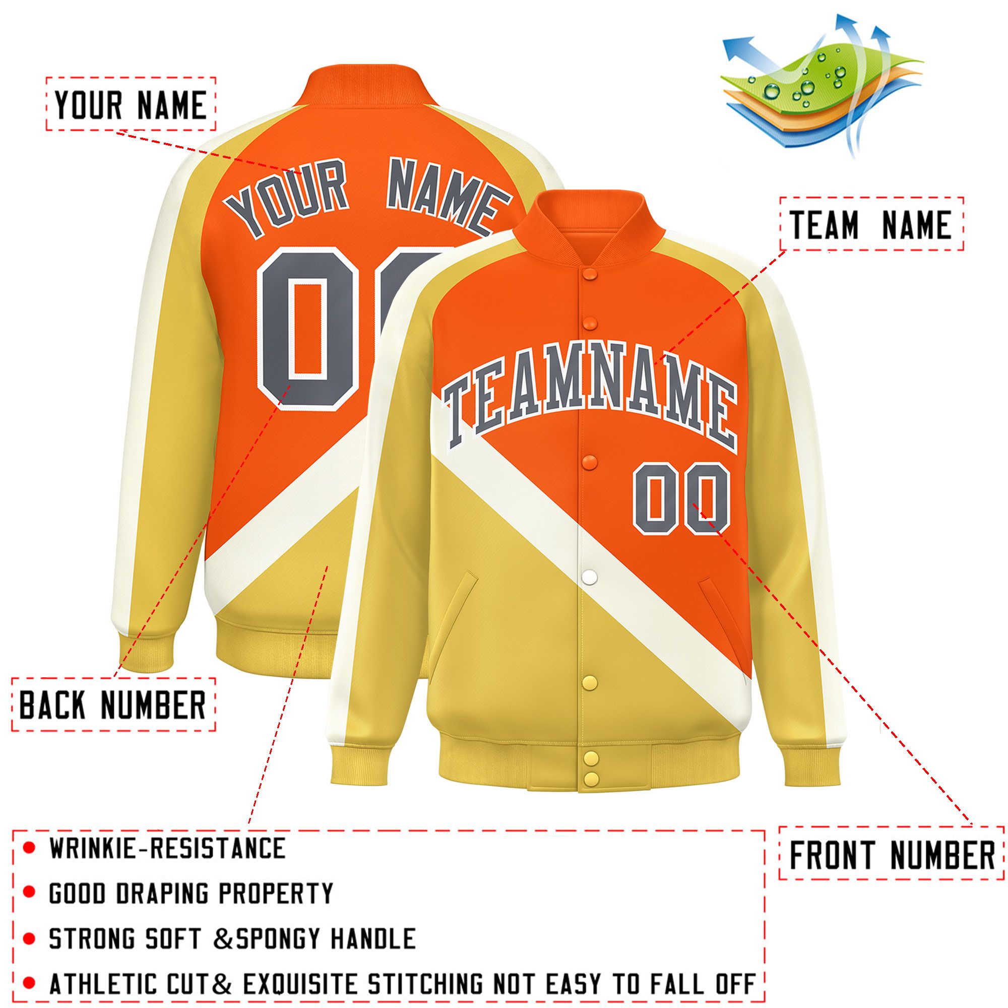 Custom Orange Khaki Raglan Sleeves Varsity Full-Snap Letterman Baseball Jacket