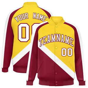 Custom Gold Crimson Raglan Sleeves Varsity Full-Snap Letterman Baseball Jacket