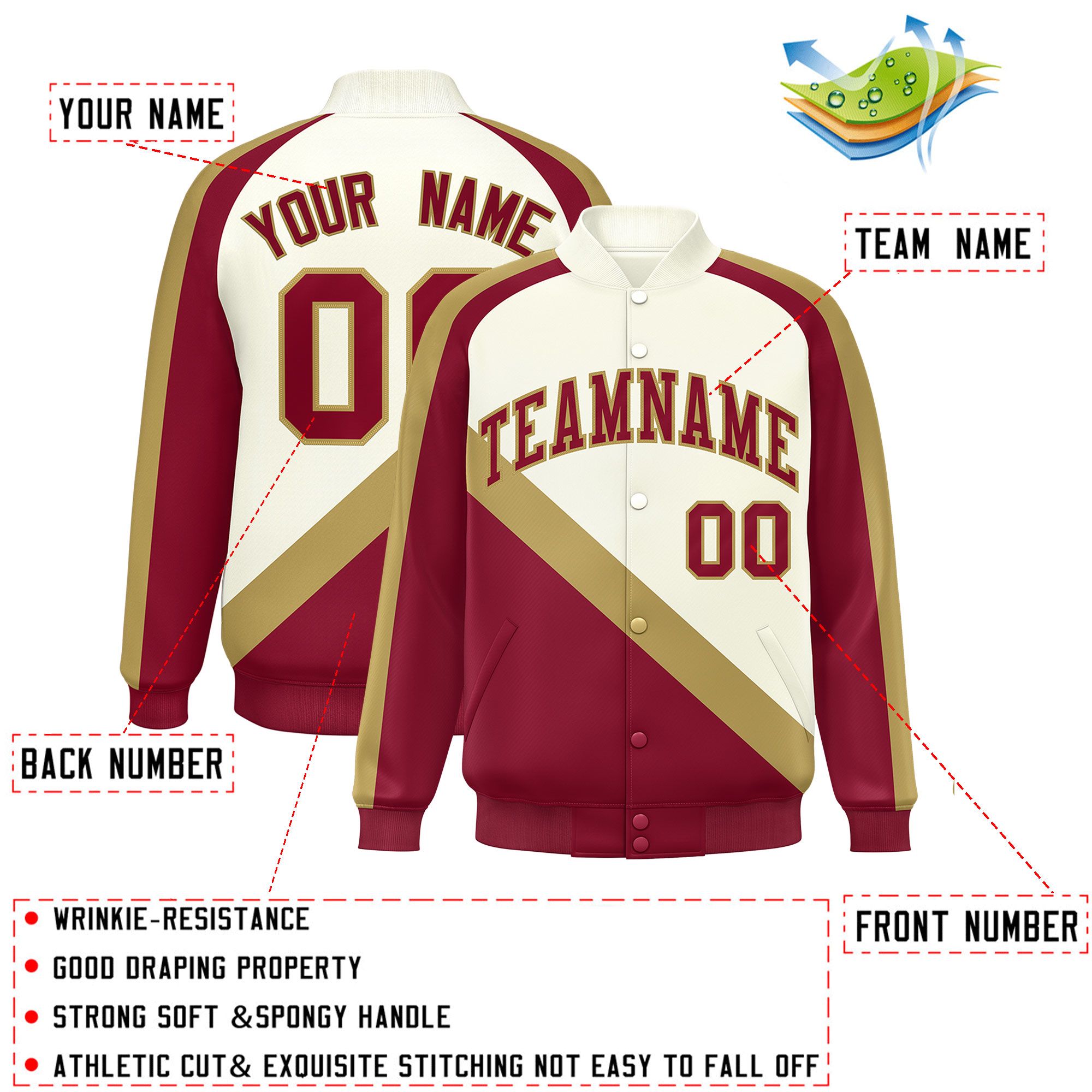 Custom Cream Crimson Raglan Sleeves Varsity Full-Snap Letterman Baseball Jacket